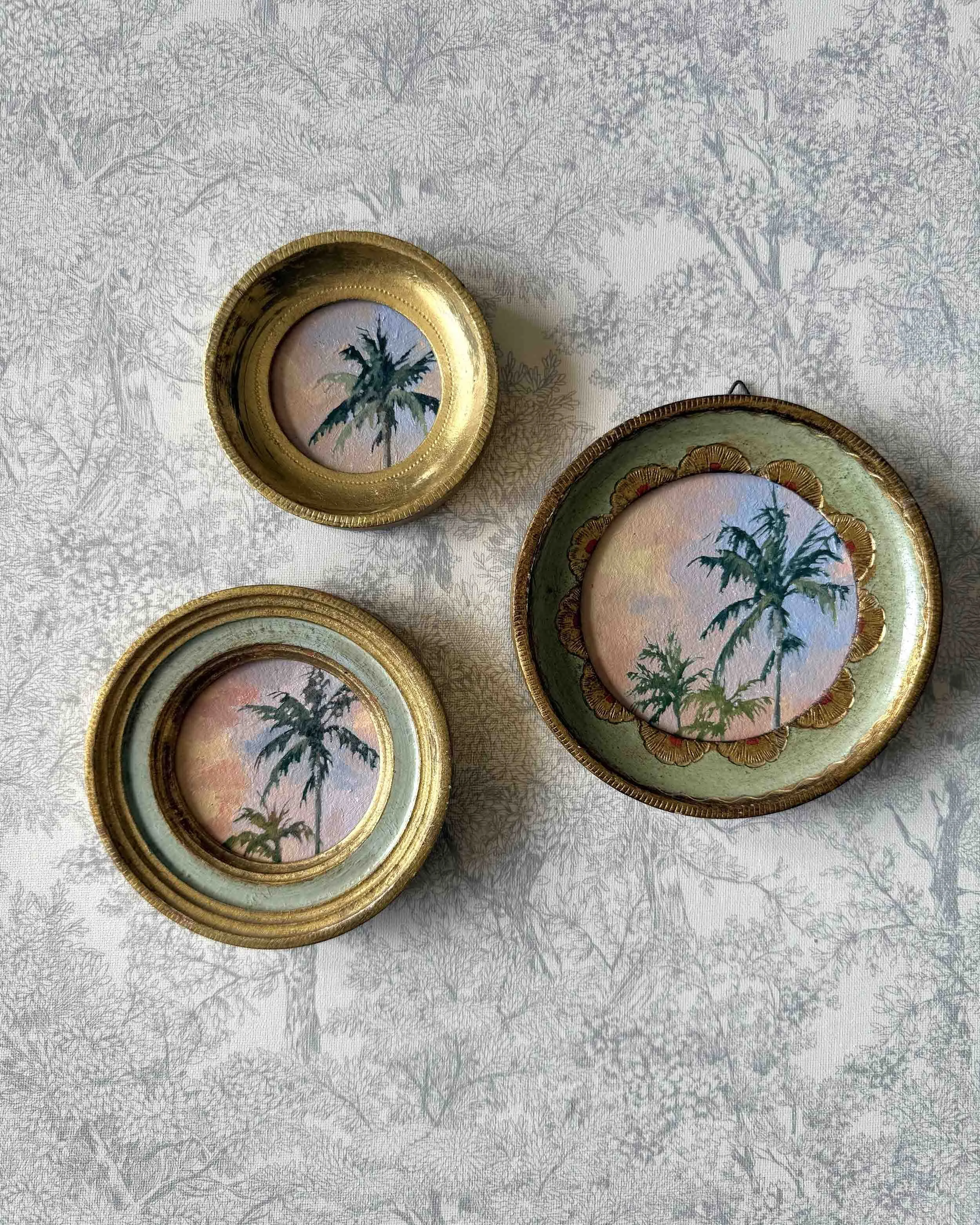 "Sunset Palm Mini ii" original oil landscape painting in vintage Florentine frame