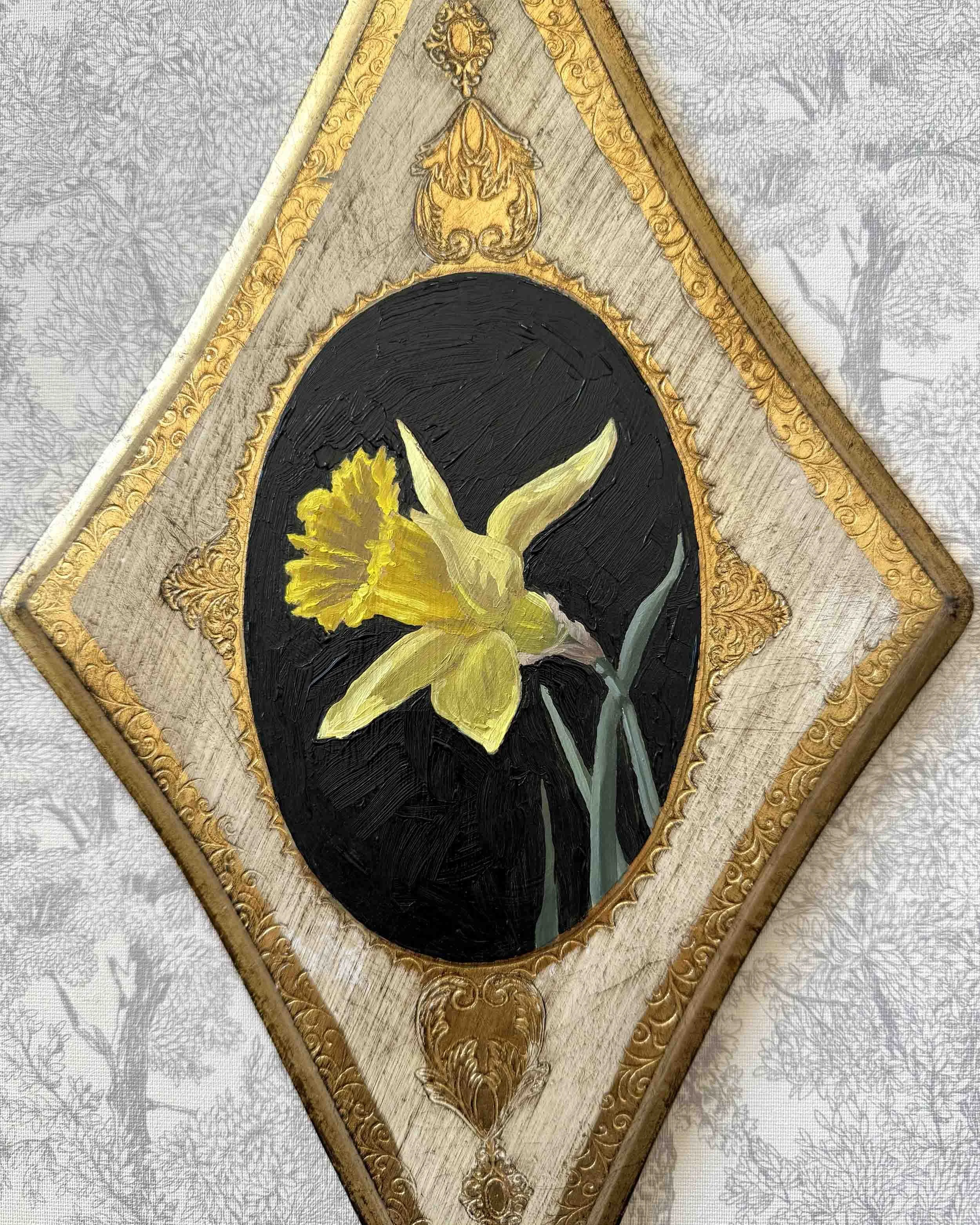 "Daffodil on Diamond ii" original oil floral painting on vintage plaque, $540