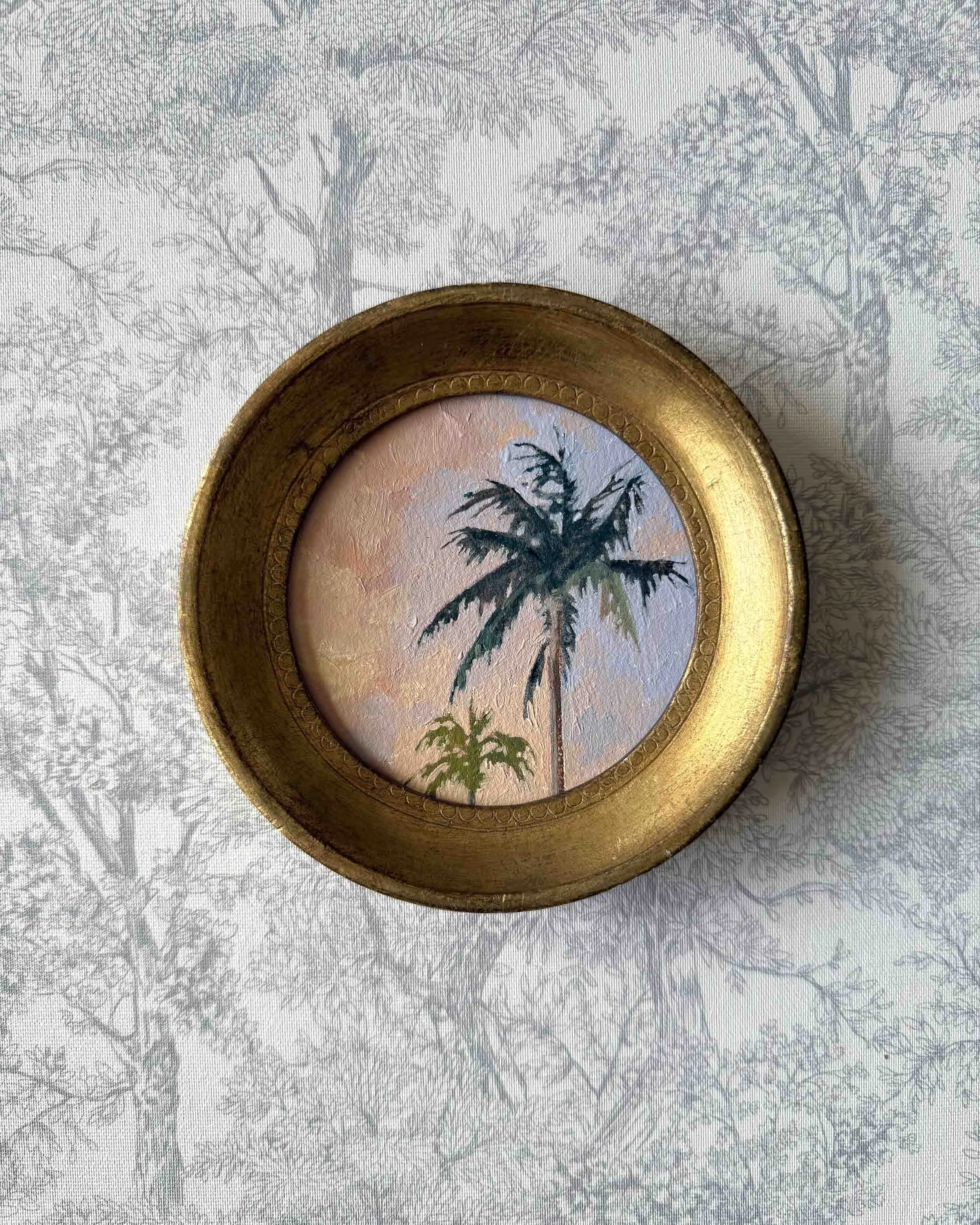 "Sunset Palm Duo ii" original oil landscape painting in vintage Florentine frame