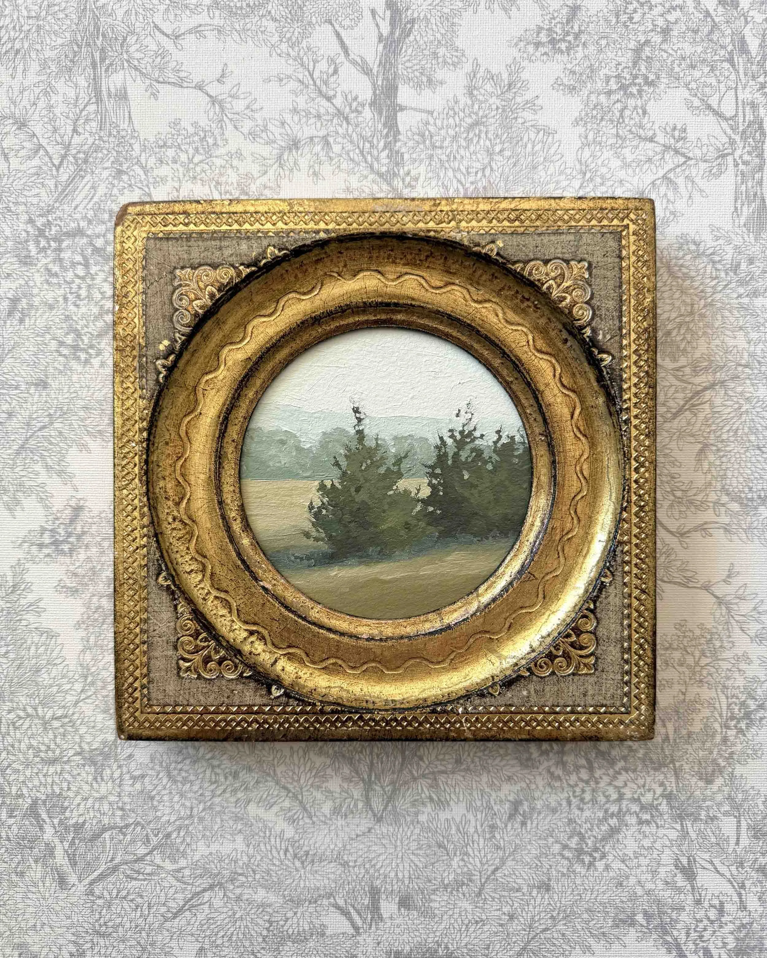 "Breath of Fresh Air" original oil landscape painting in vintage Florentine frame, $445