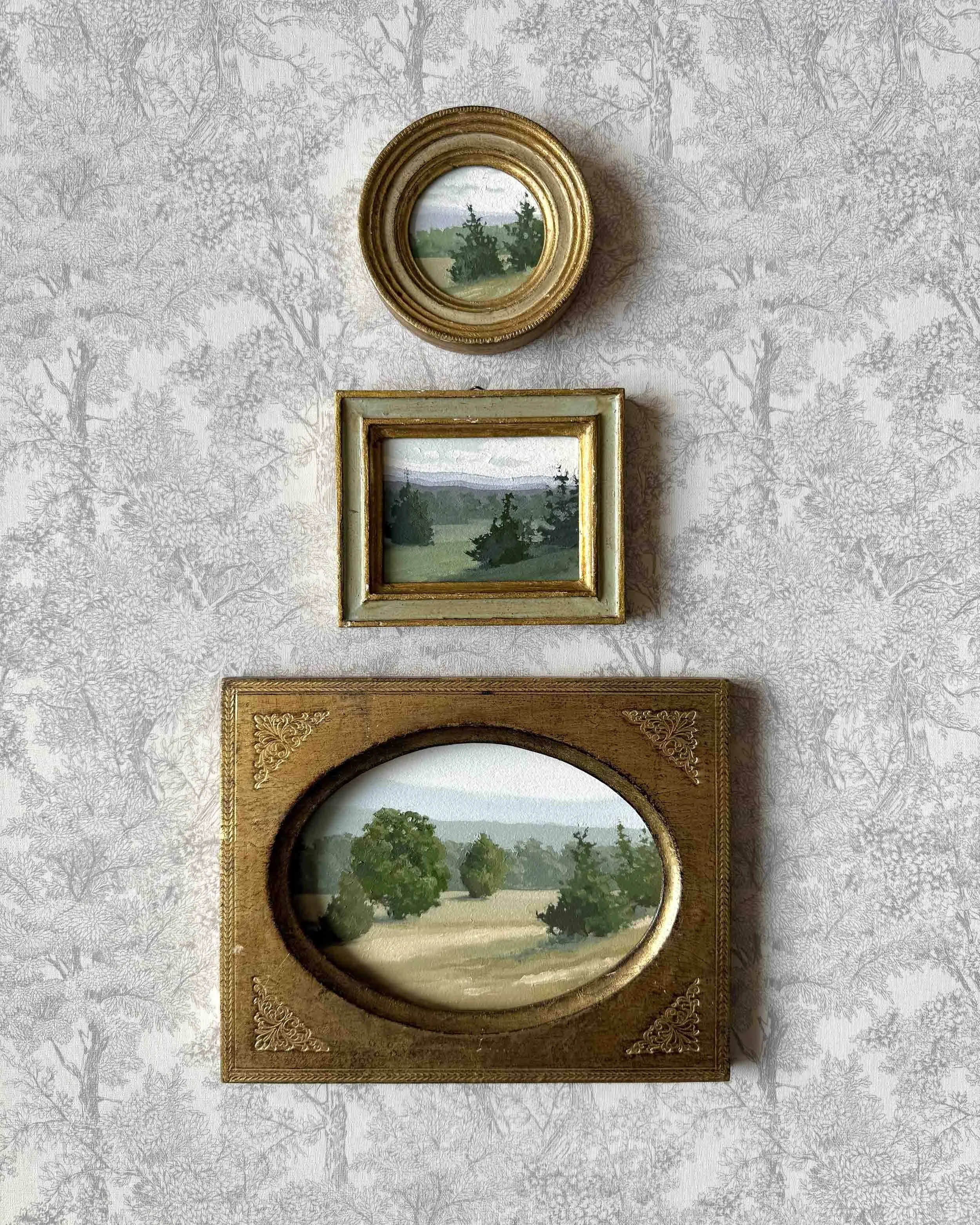 "Breath of Fresh Air viii" original oil landscape painting in vintage Florentine frame