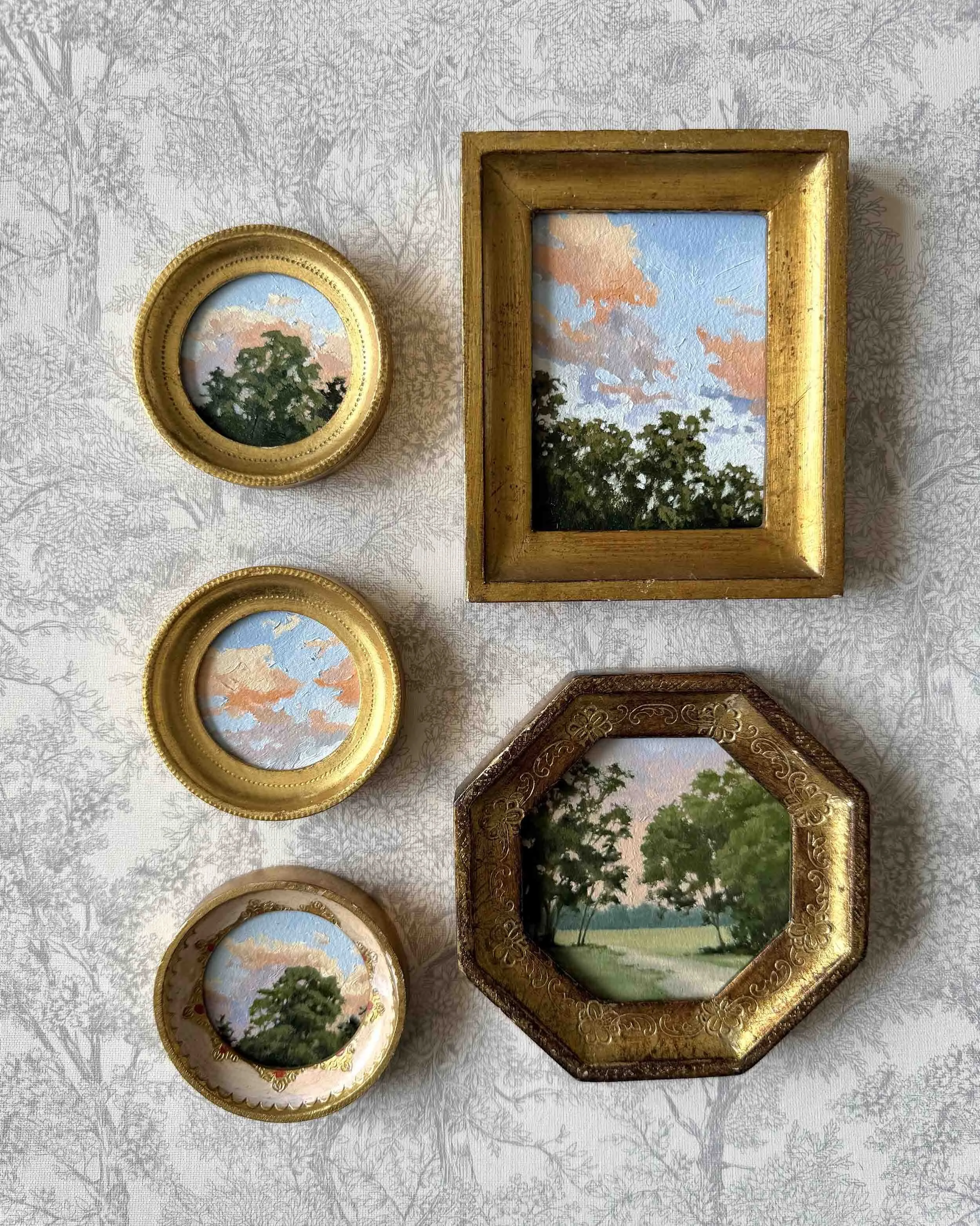 "Sunset Treetops Mini ii" original oil landscape painting in vintage Florentine frame