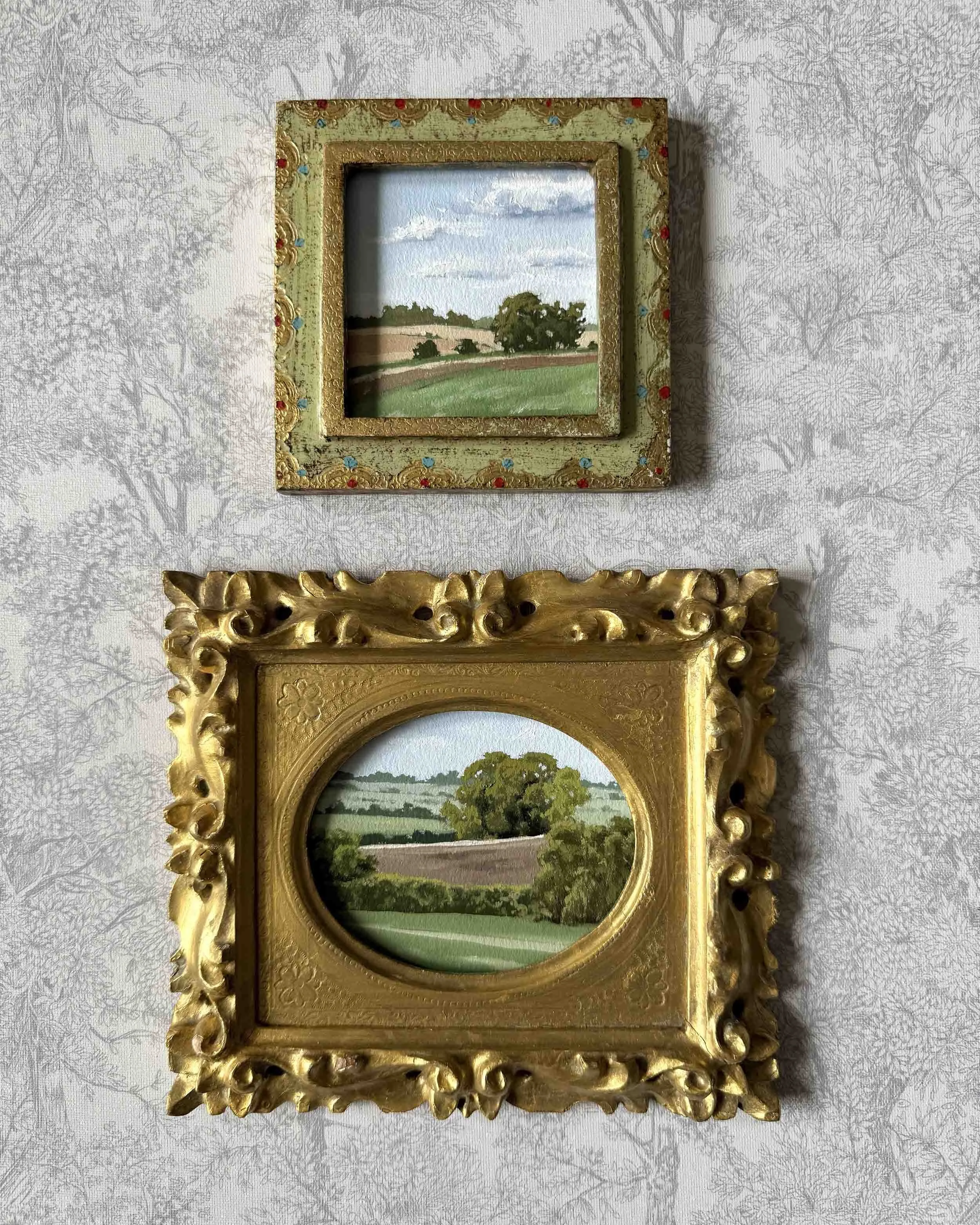 "Farmland Green iii" original oil landscape in vintage Florentine frame