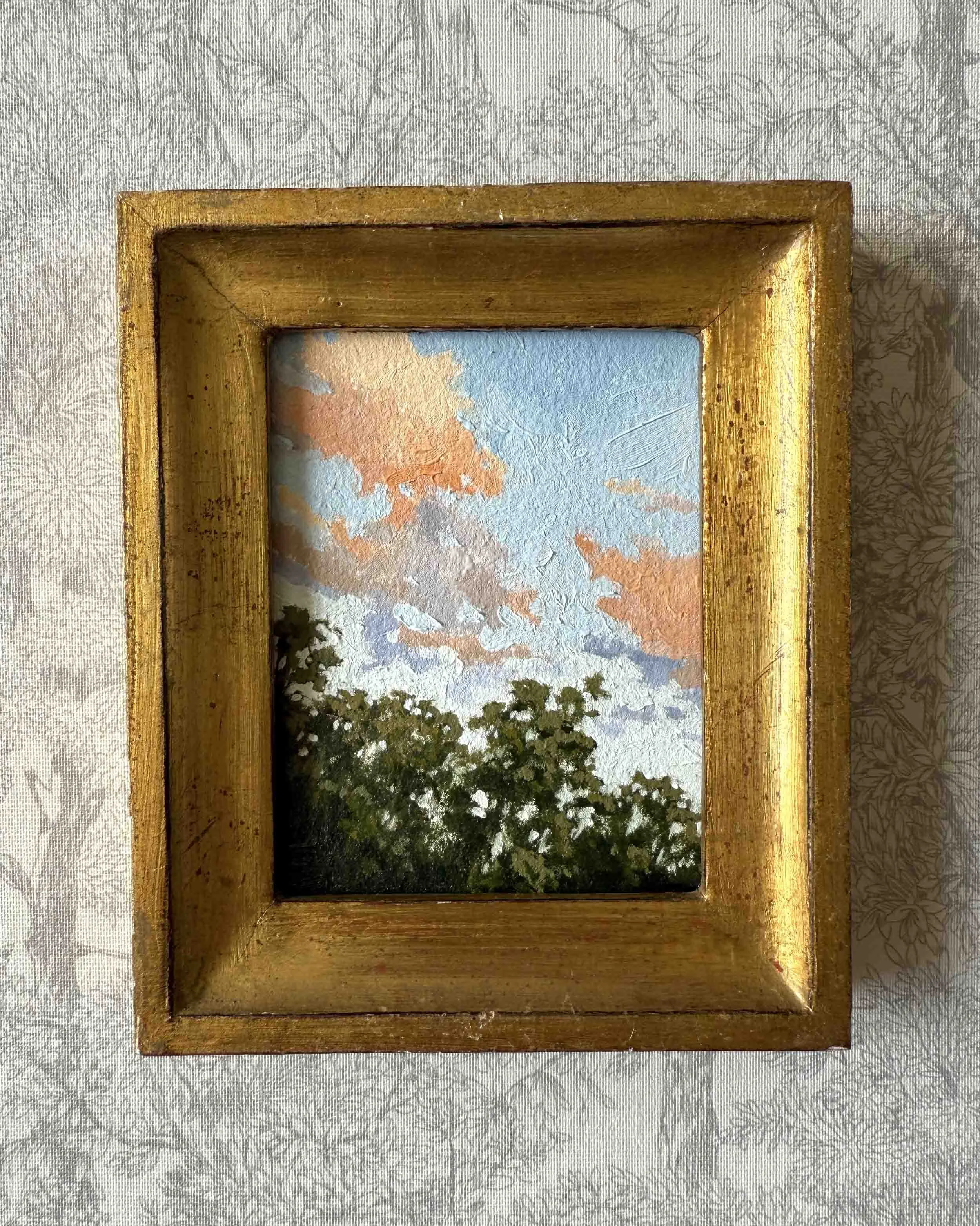 "Sunset Treetops" original oil landscape painting in vintage Florentine frame