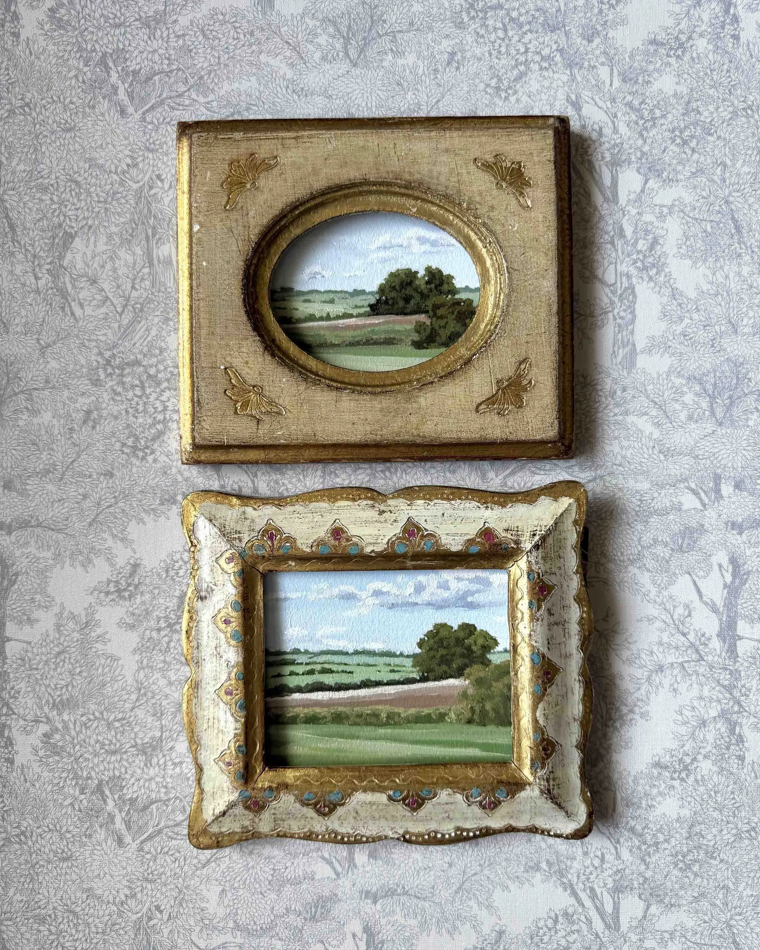 "Farmland Green ii" original oil landscape painting in vintage Florentine frame