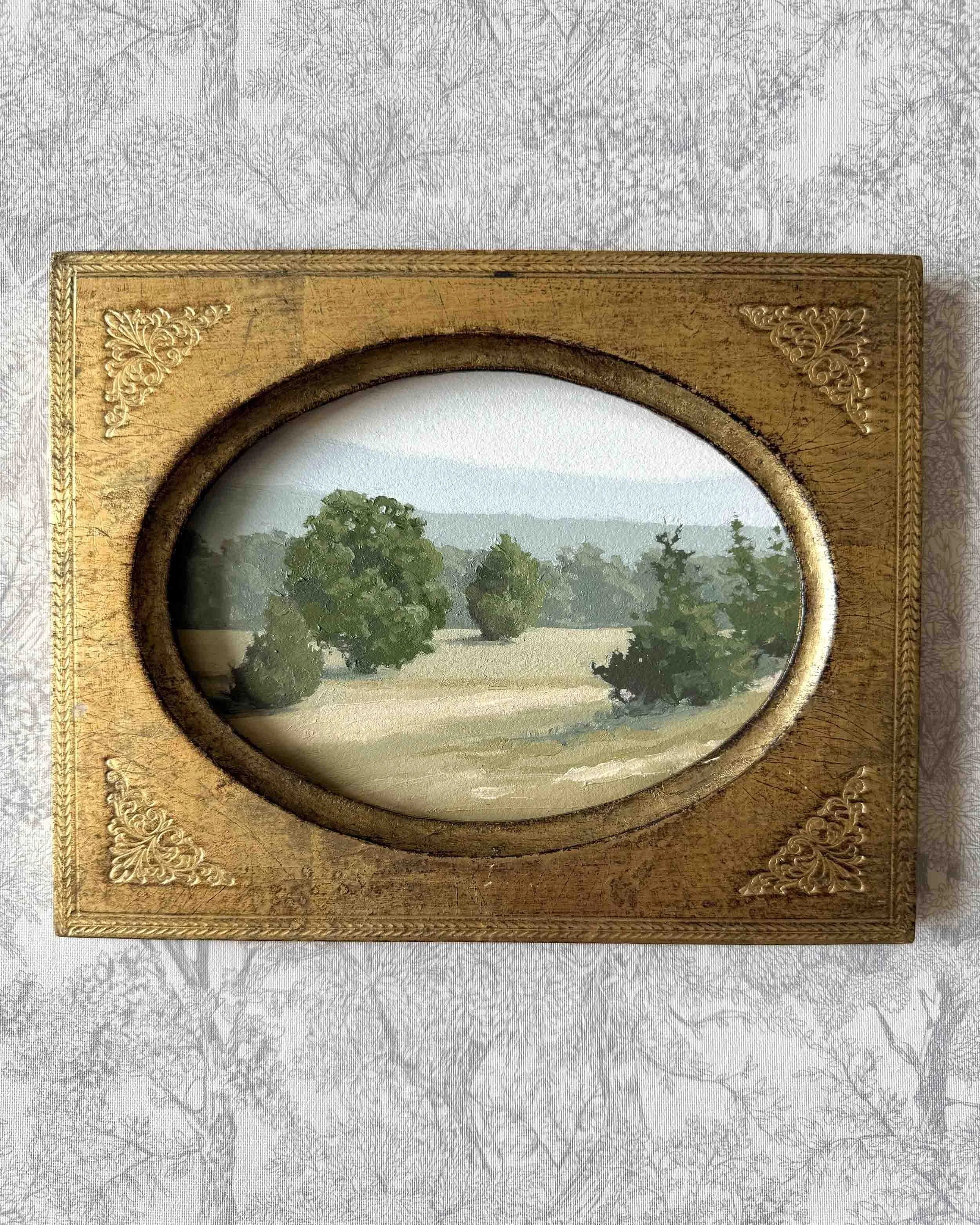 "Breath of Fresh Air viii" original oil landscape painting in vintage Florentine frame