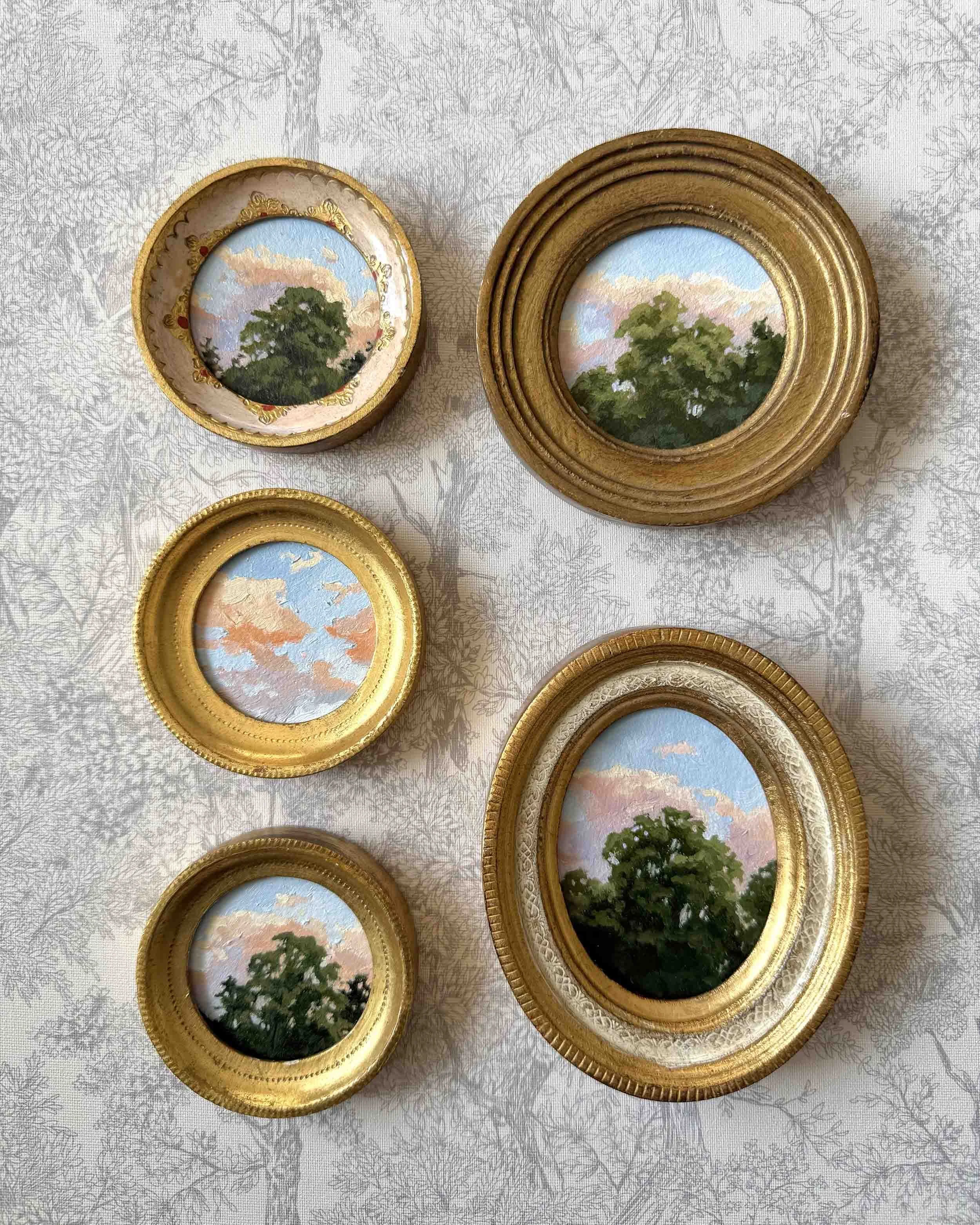 "Sunset Treetops Mini ii" original oil landscape painting in vintage Florentine frame