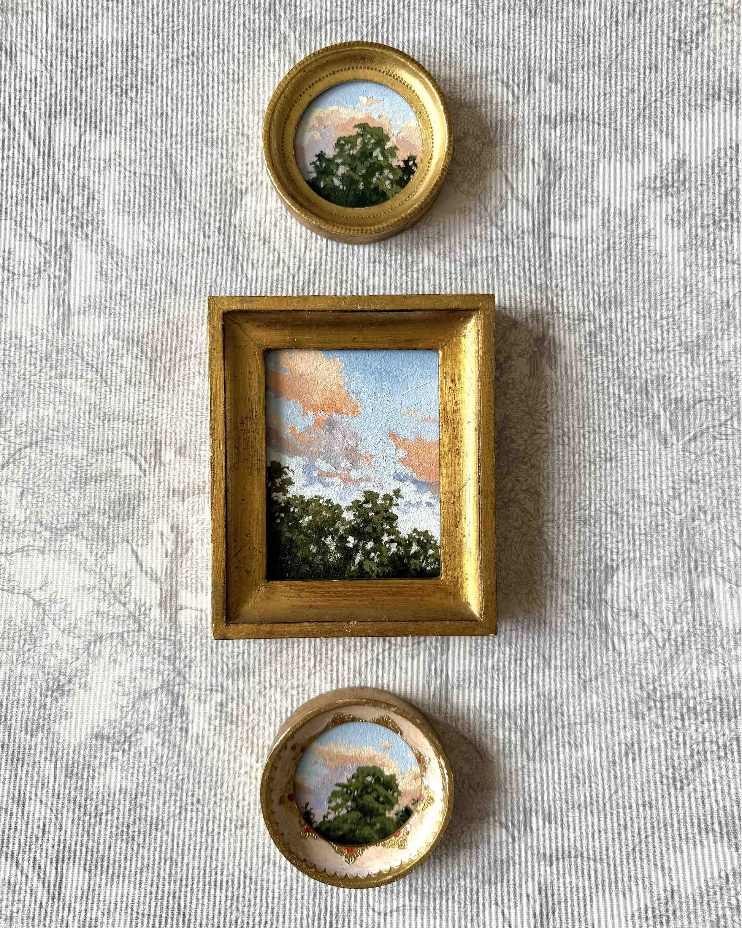 "Sunset Treetops Mini ii" original oil landscape painting in vintage Florentine frame