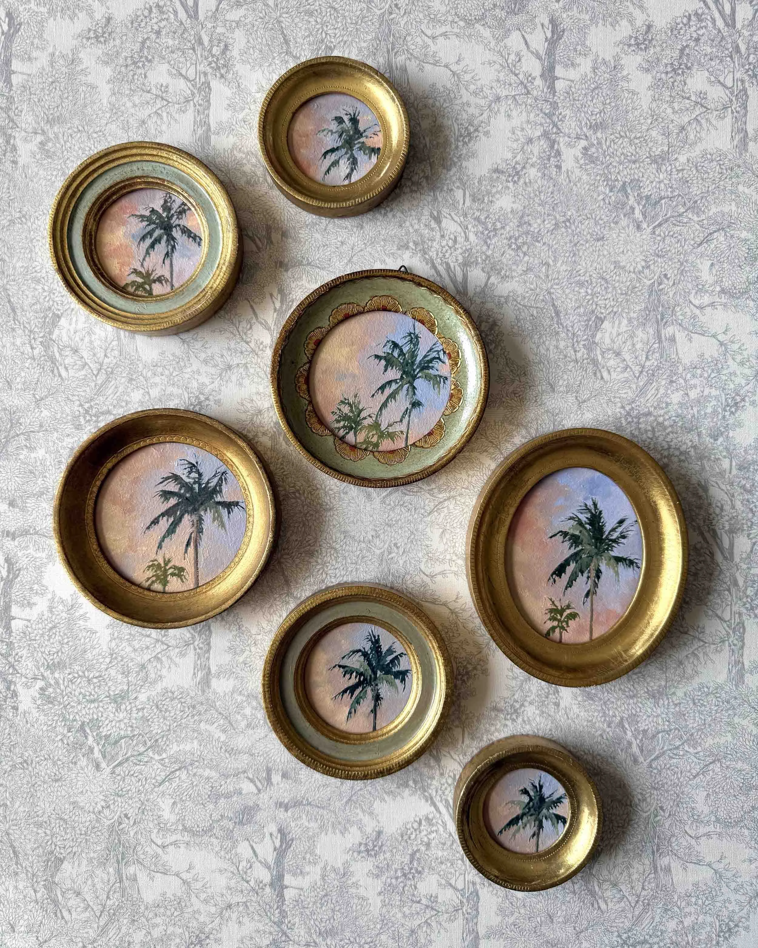 "Sunset Palm" original oil landscape painting in vintage Florentine frame