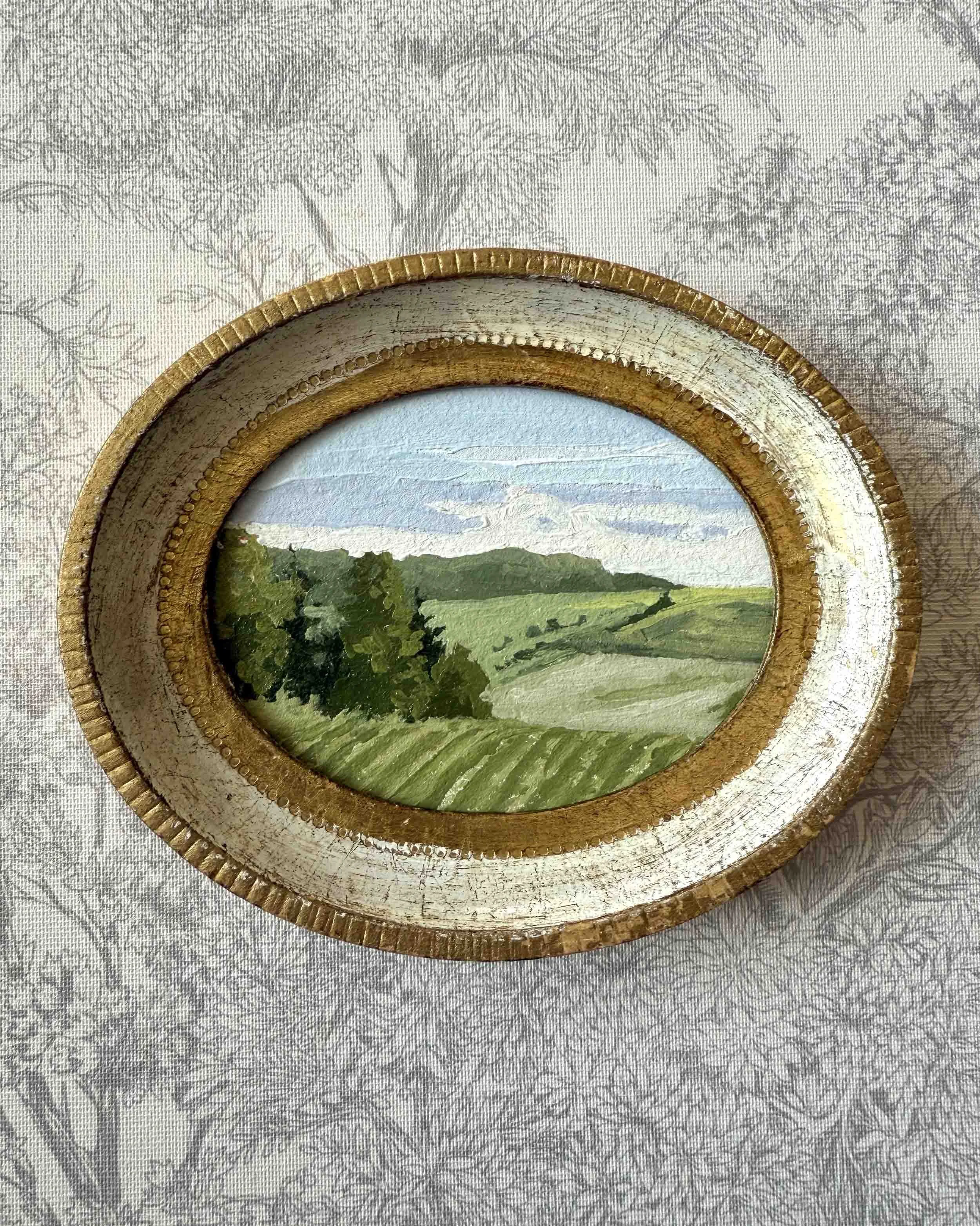 "Rolling Green" original oil landscape painting in vintage Florentine frame