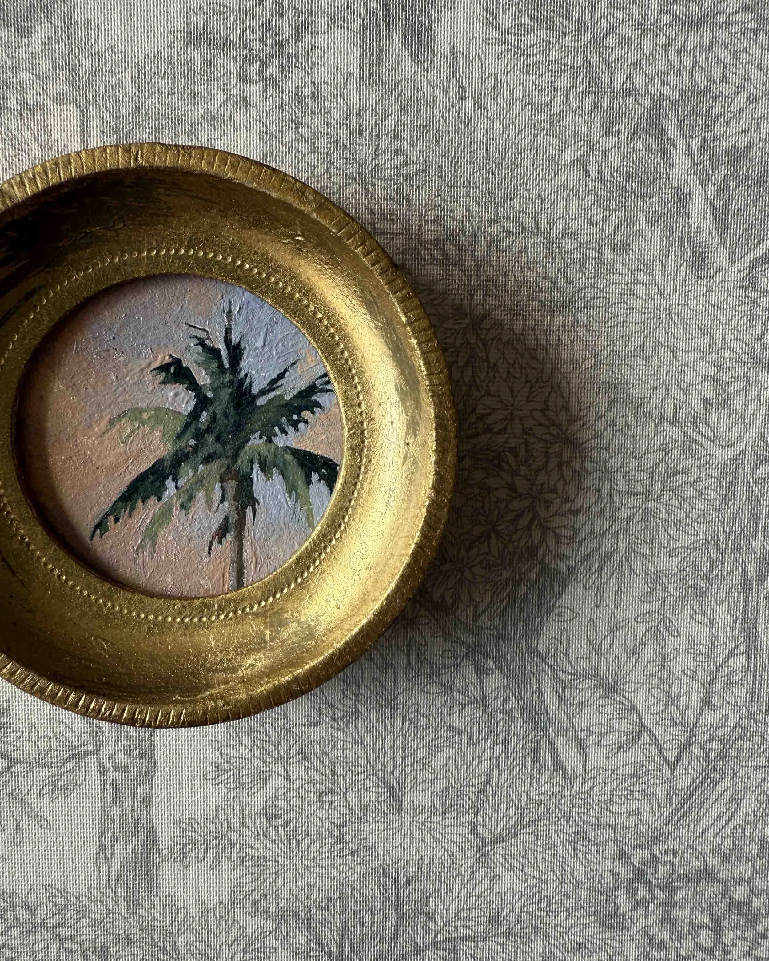 "Sunset Palm Mini ii" original oil landscape painting in vintage Florentine frame