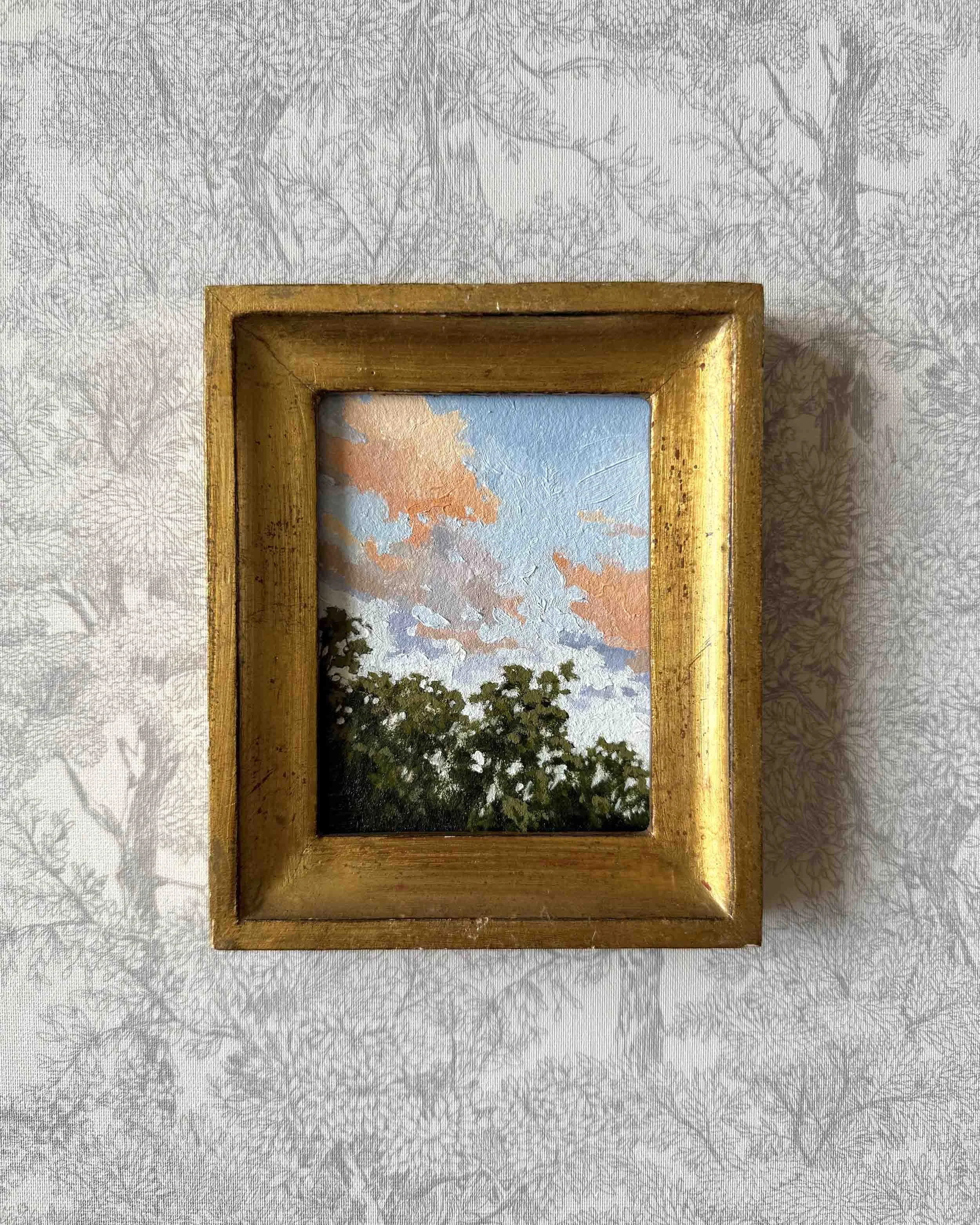 "Sunset Treetops" original oil landscape painting in vintage Florentine frame
