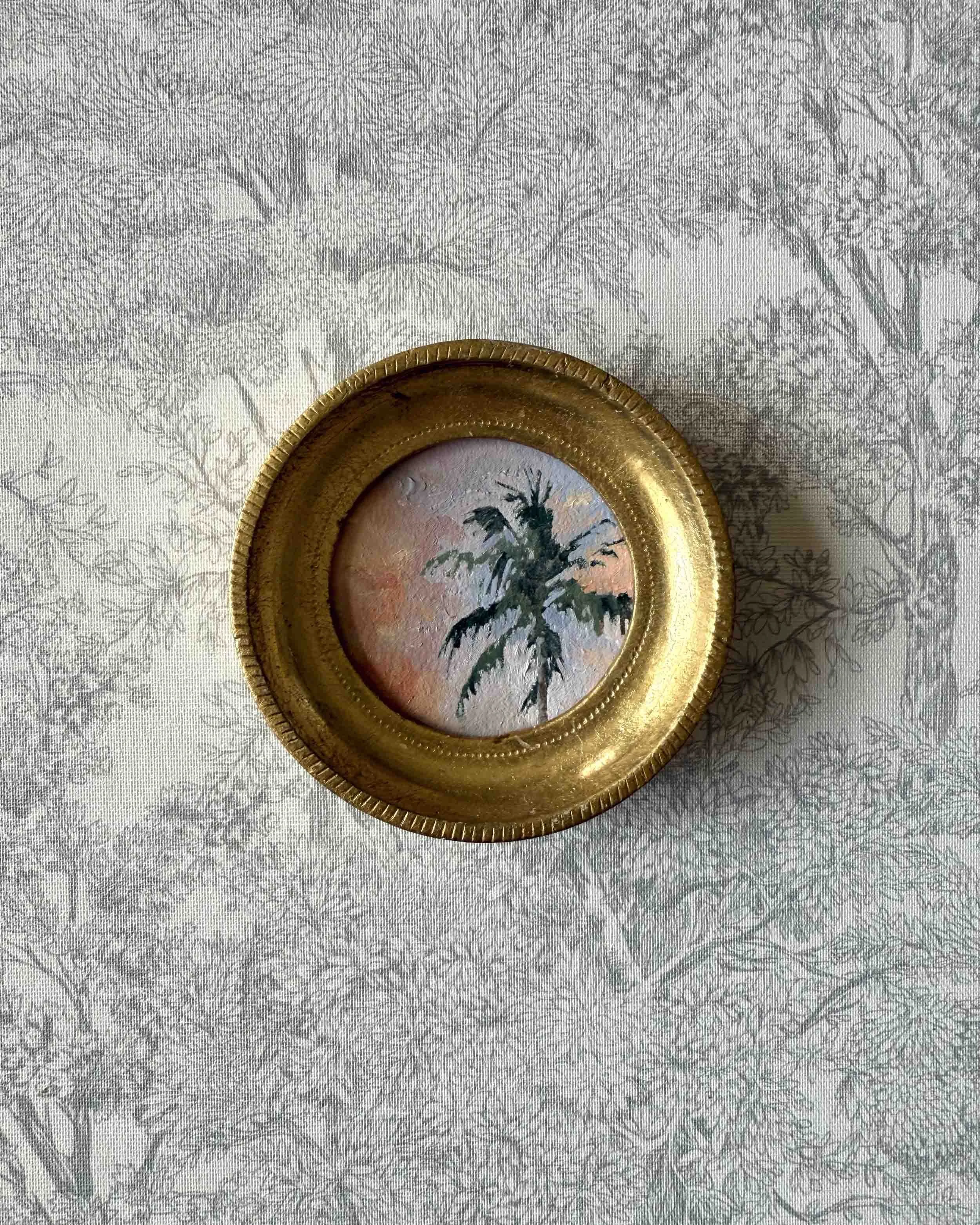 "Sunset Palm Mini" original oil landscape painting in vintage Florentine frame
