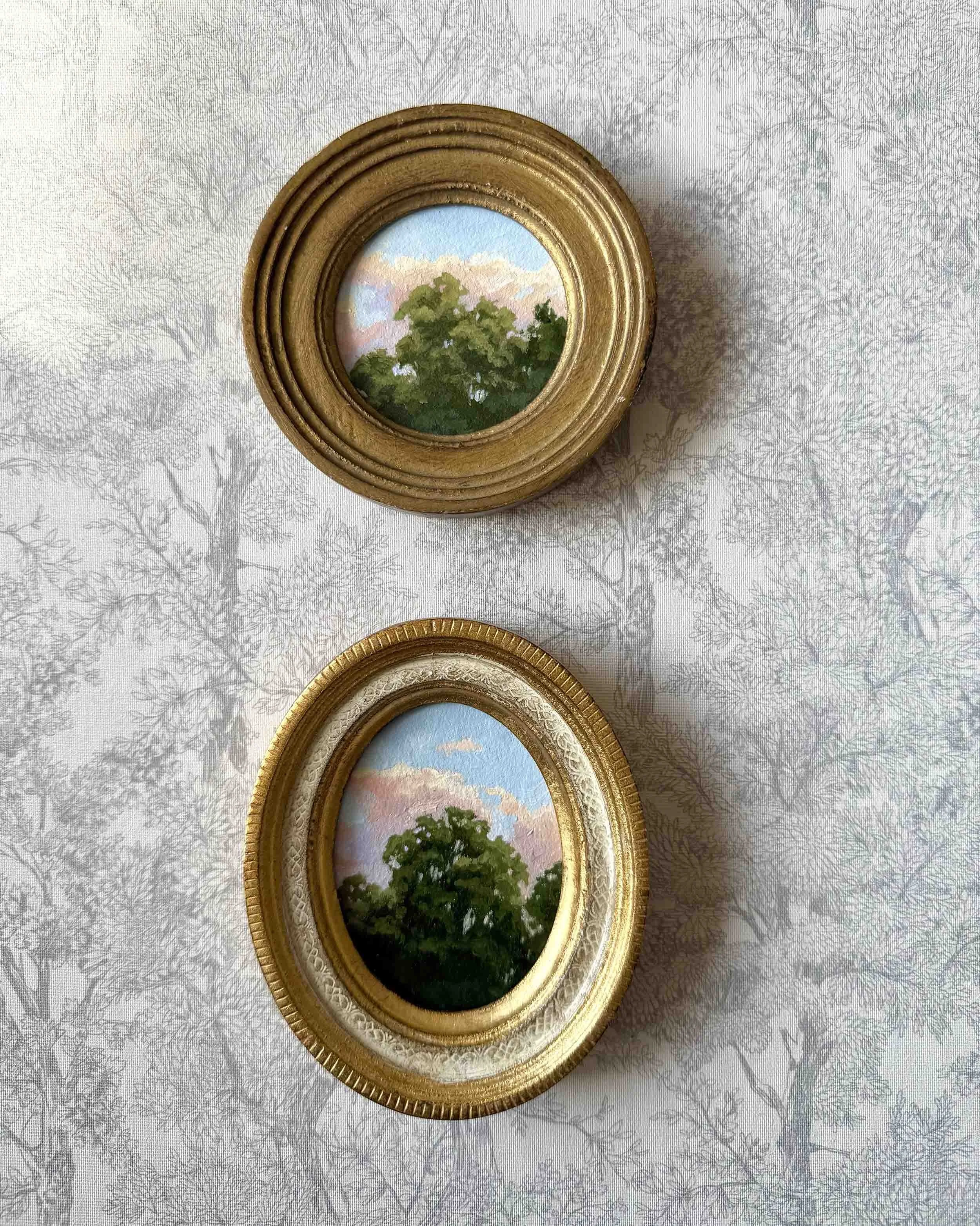 "Sunset Treetops iii" original oil landscape painting in vintage Florentine frame