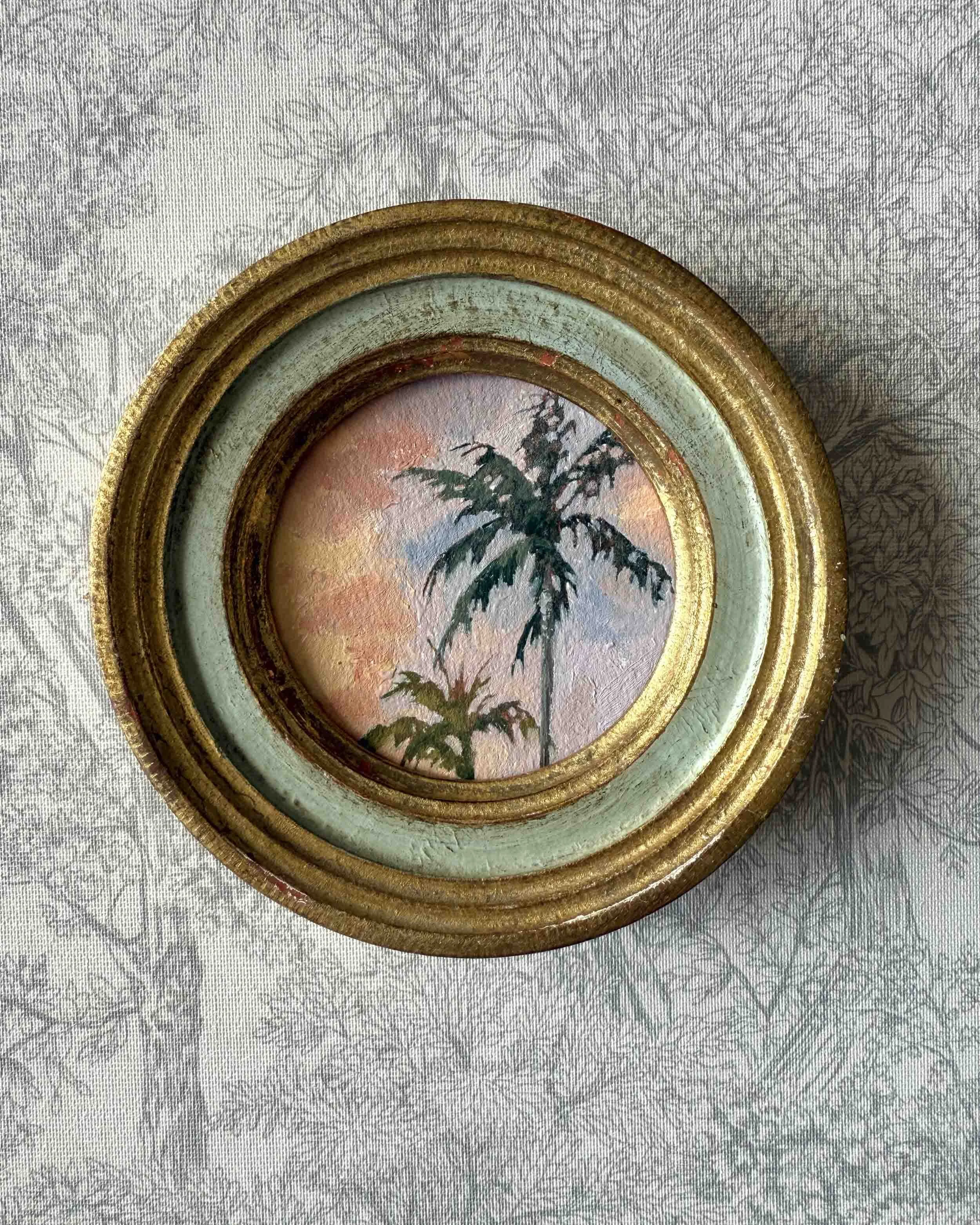 "Sunset Palm Duo" original oil landscape painting in vintage Florentine frame