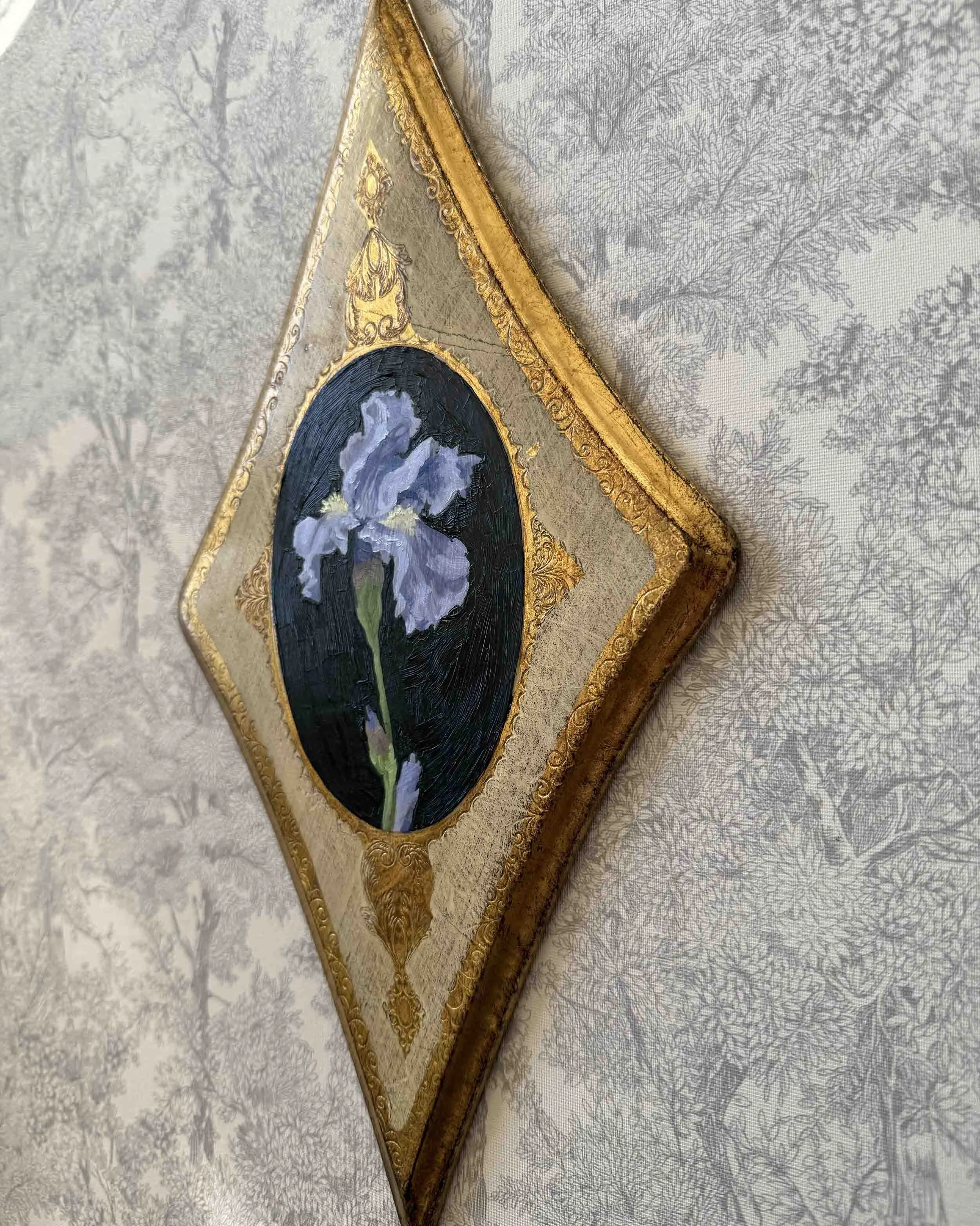 "Purple Iris on Diamond iii" original oil floral painting on vintage plaque, $540