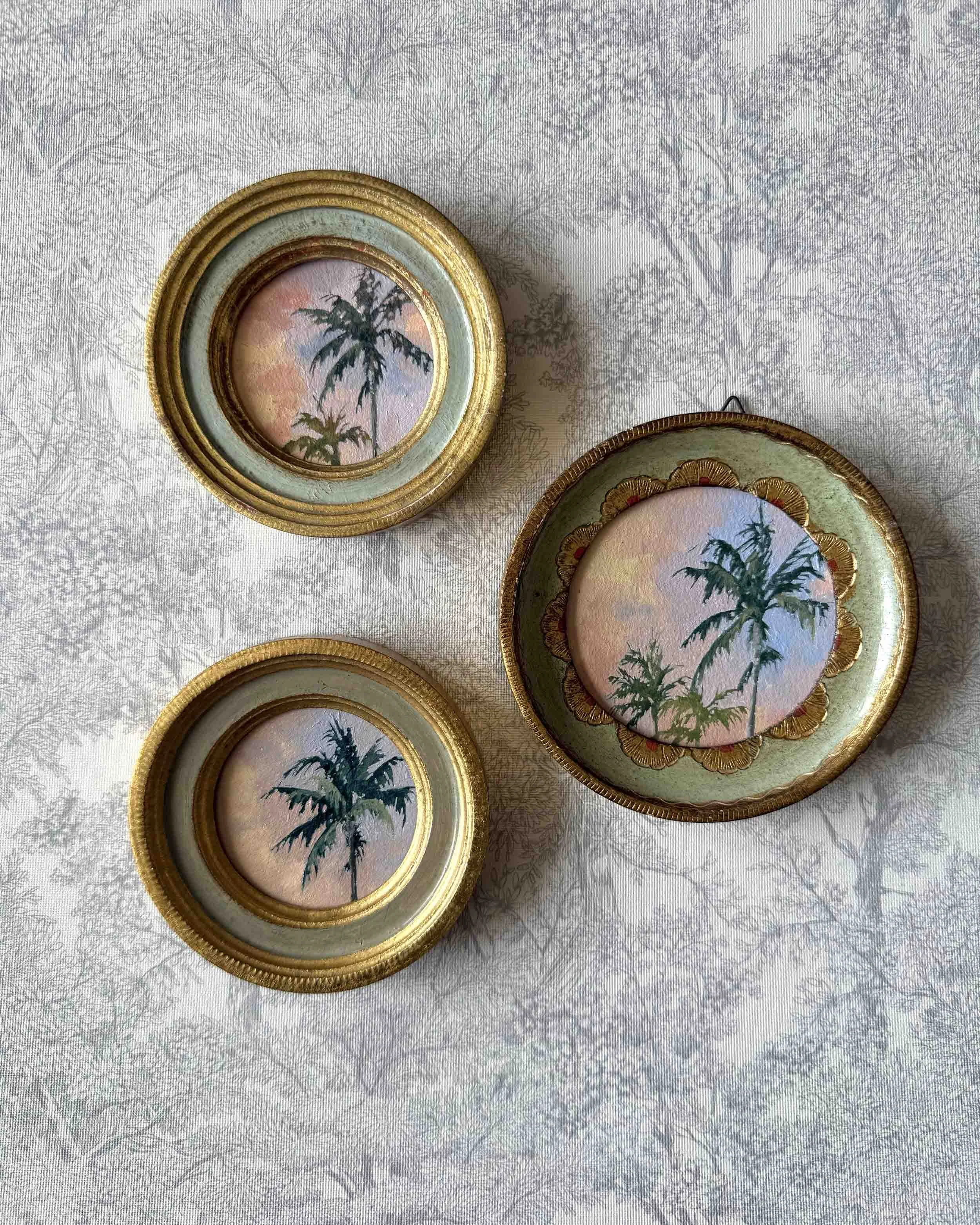 "Sunset Palm Trio" original oil landscape painting in vintage Florentine frame