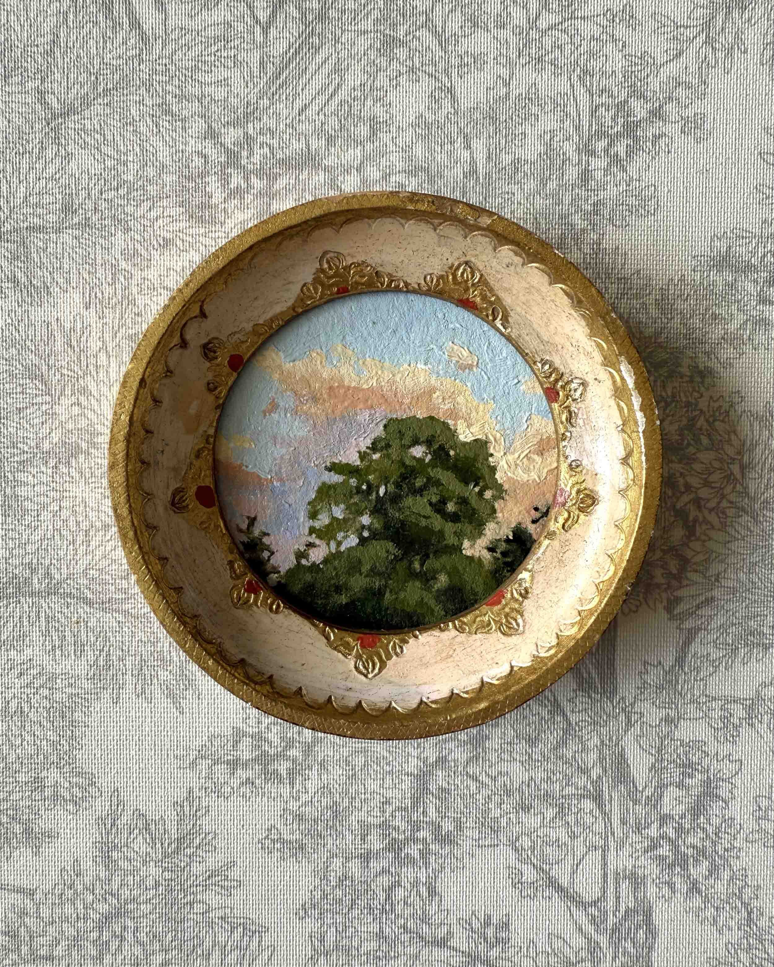 "Sunset Treetops Mini ii" original oil landscape painting in vintage Florentine frame