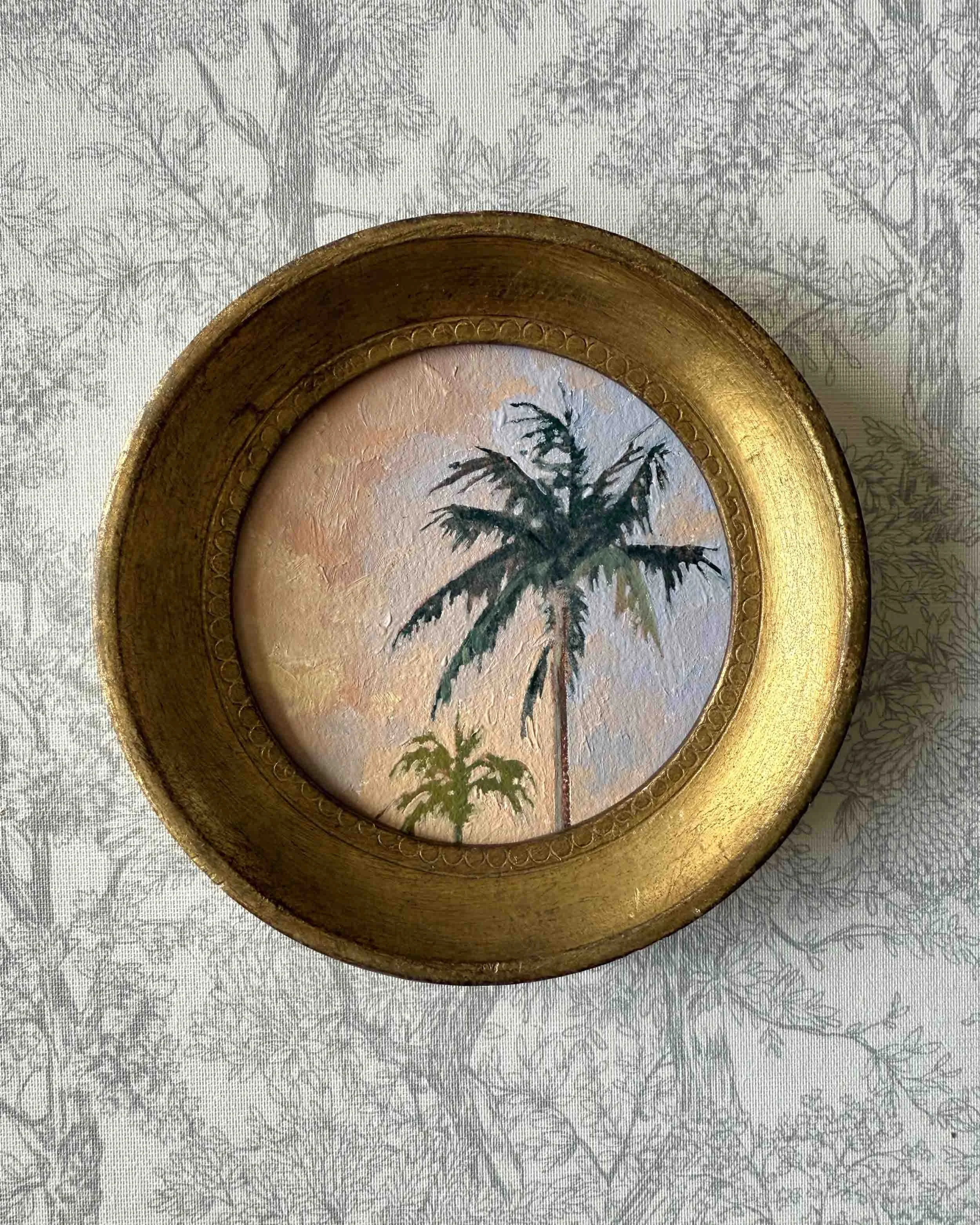 "Sunset Palm Duo ii" original oil landscape painting in vintage Florentine frame