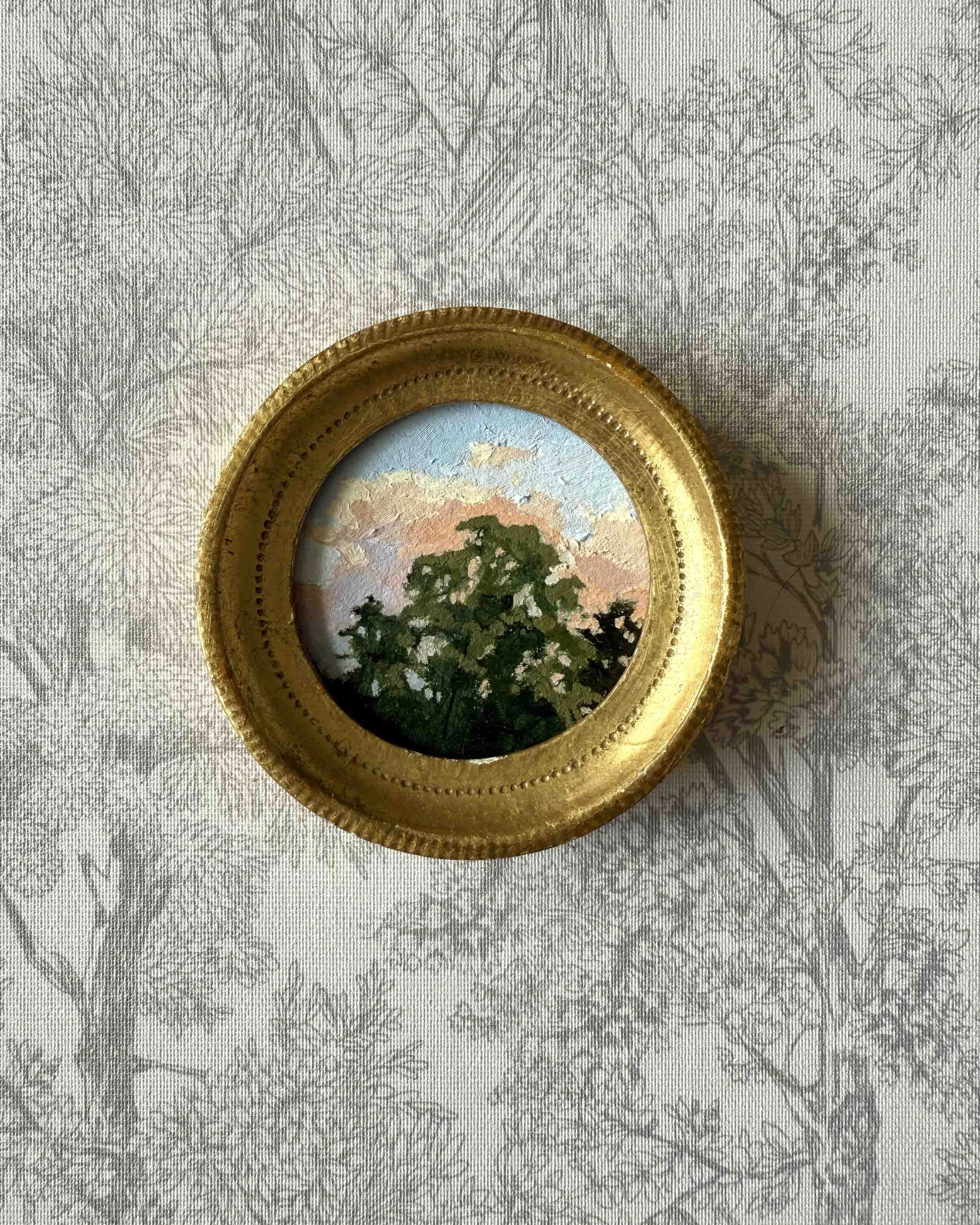 "Sunset Treetops Mini" original oil landscape painting in vintage Florentine frame