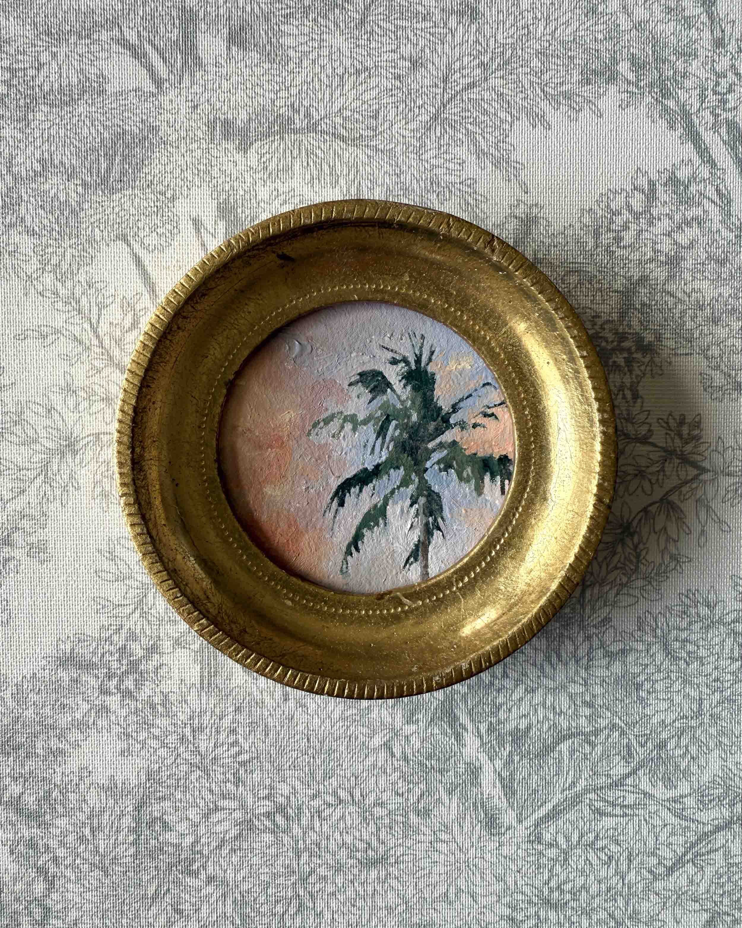 "Sunset Palm Mini" original oil landscape painting in vintage Florentine frame