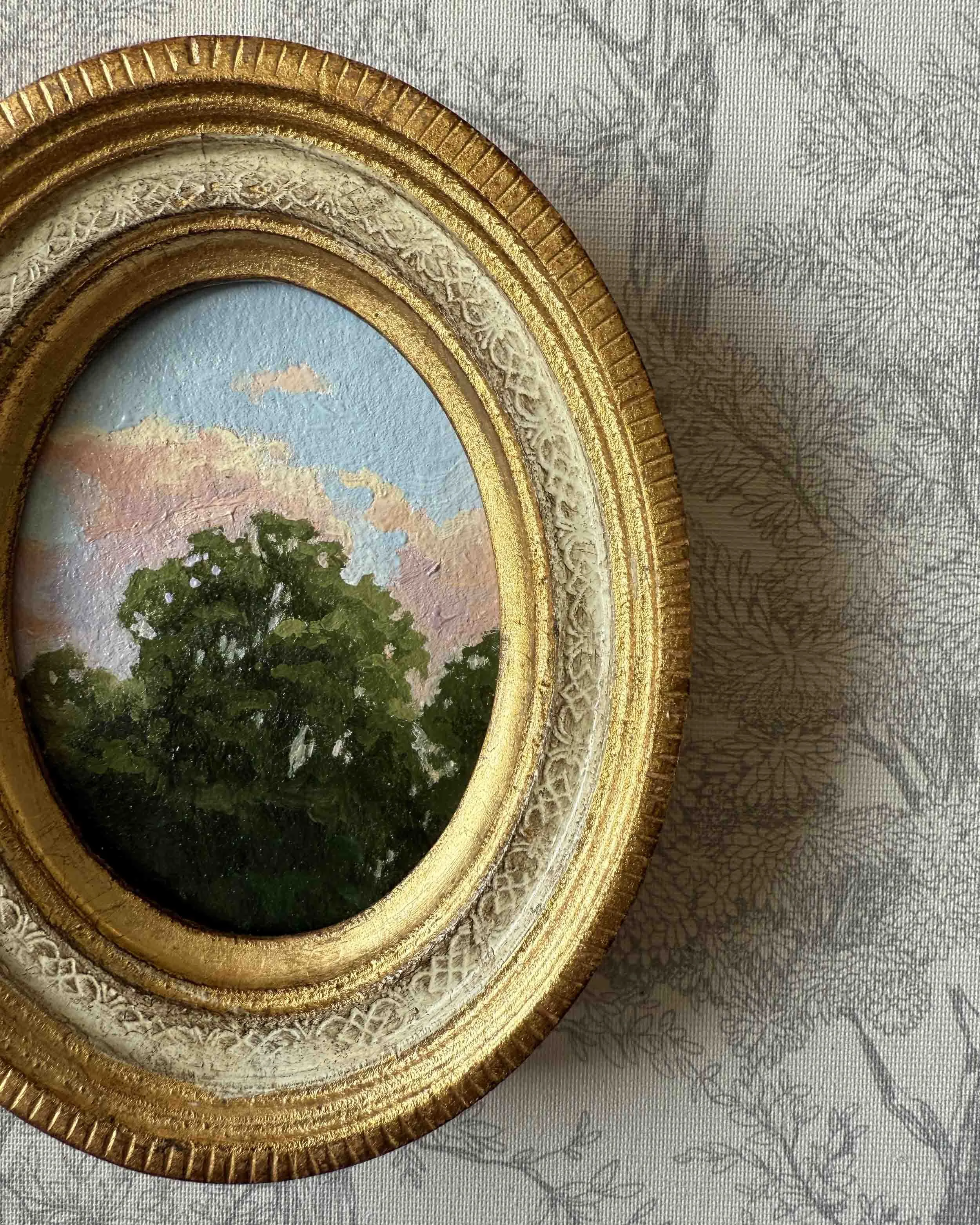 "Sunset Treetops iii" original oil landscape painting in vintage Florentine frame