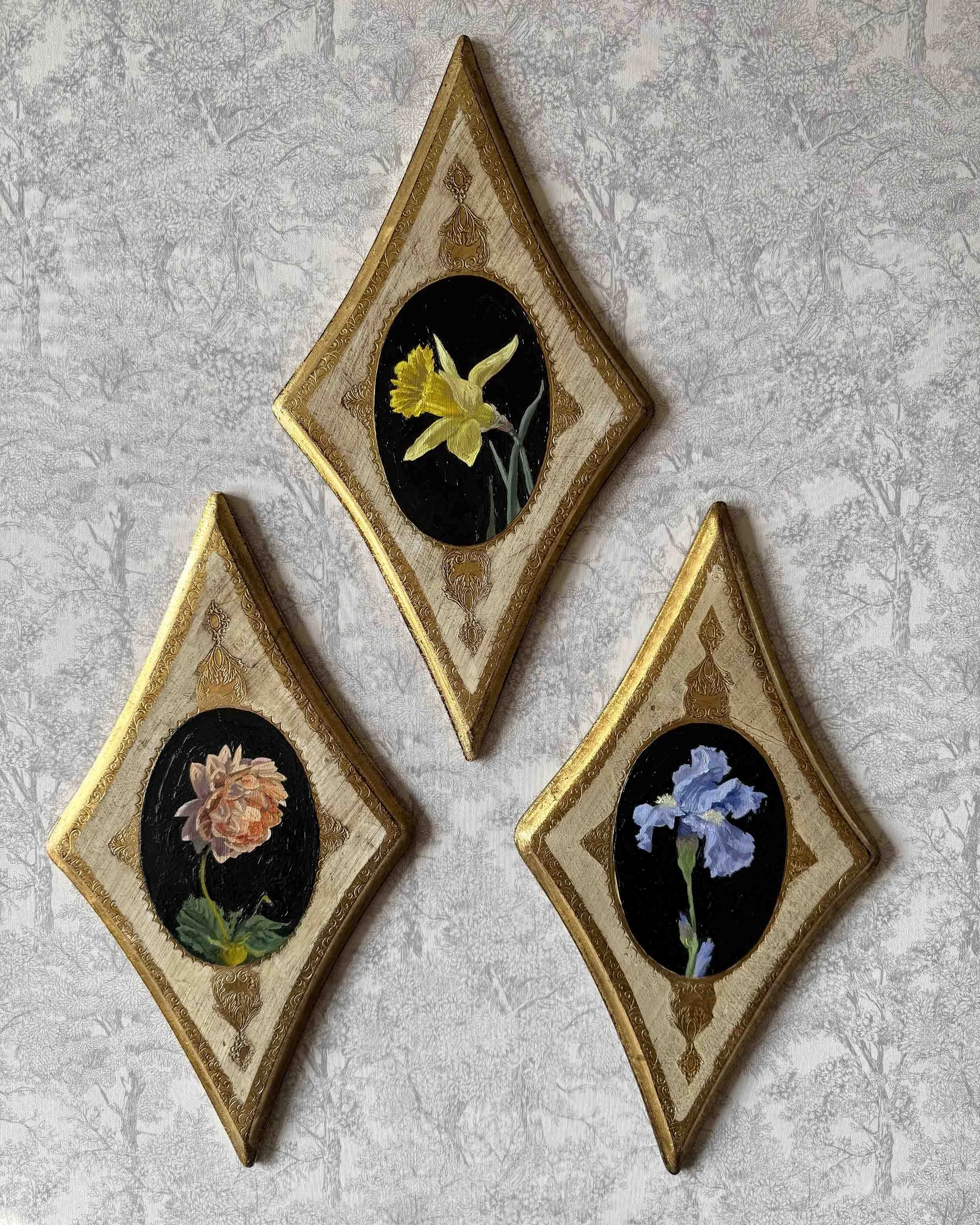 "Daffodil on Diamond ii" original oil floral painting on vintage plaque, $540