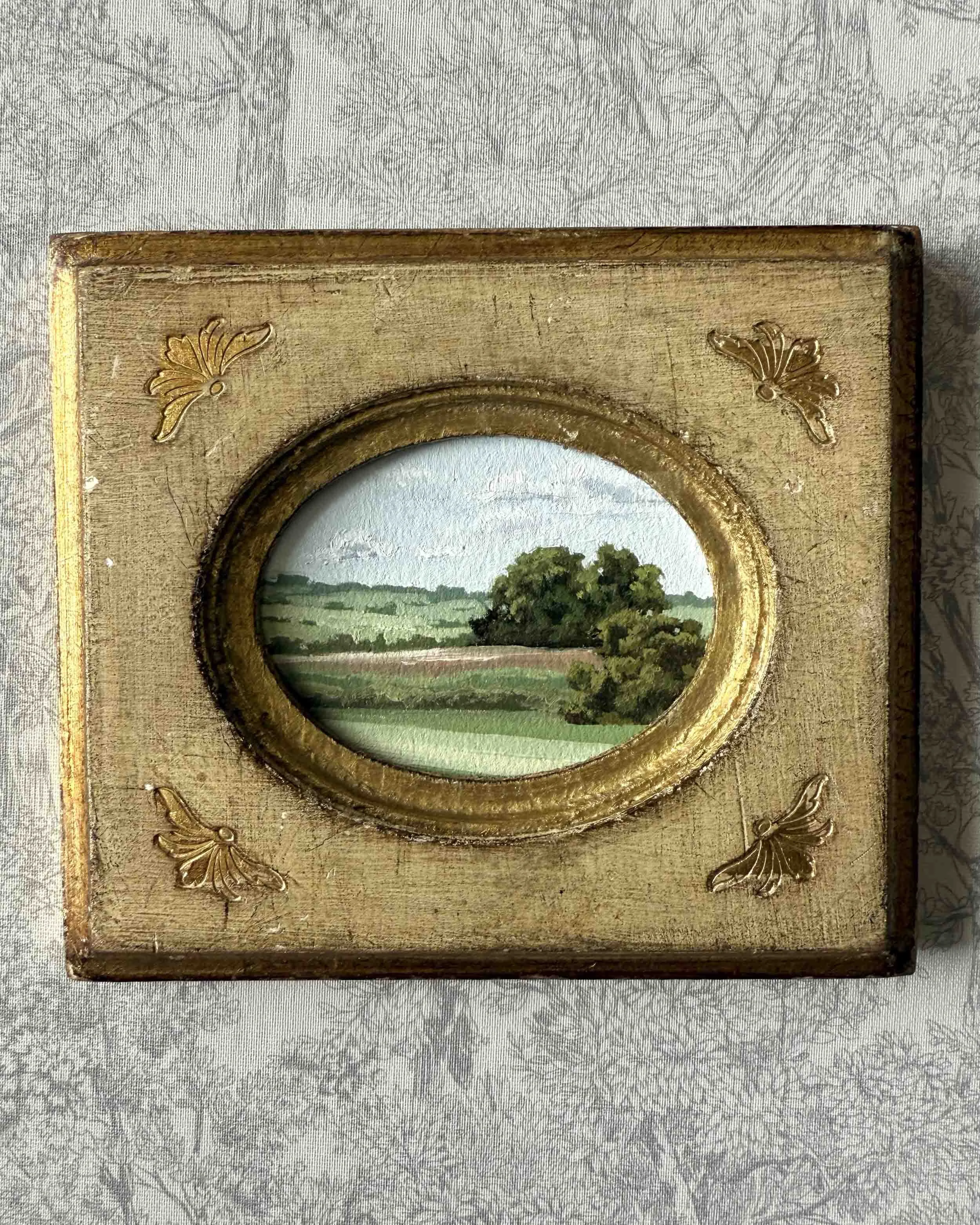 "Farmland Green ii" original oil landscape painting in vintage Florentine frame