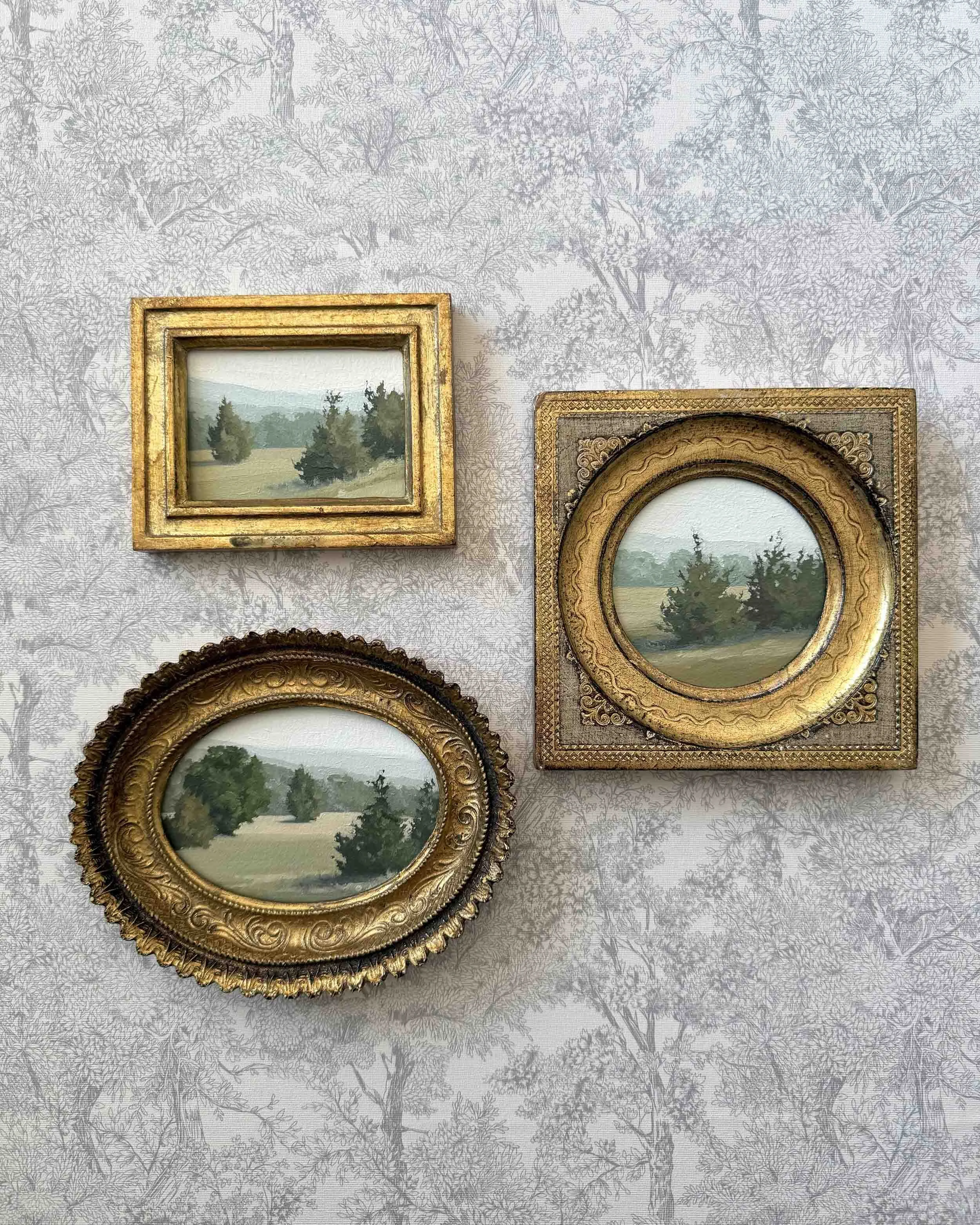 "Breath of Fresh Air iii" original oil landscape painting in vintage Florentine frame, $475