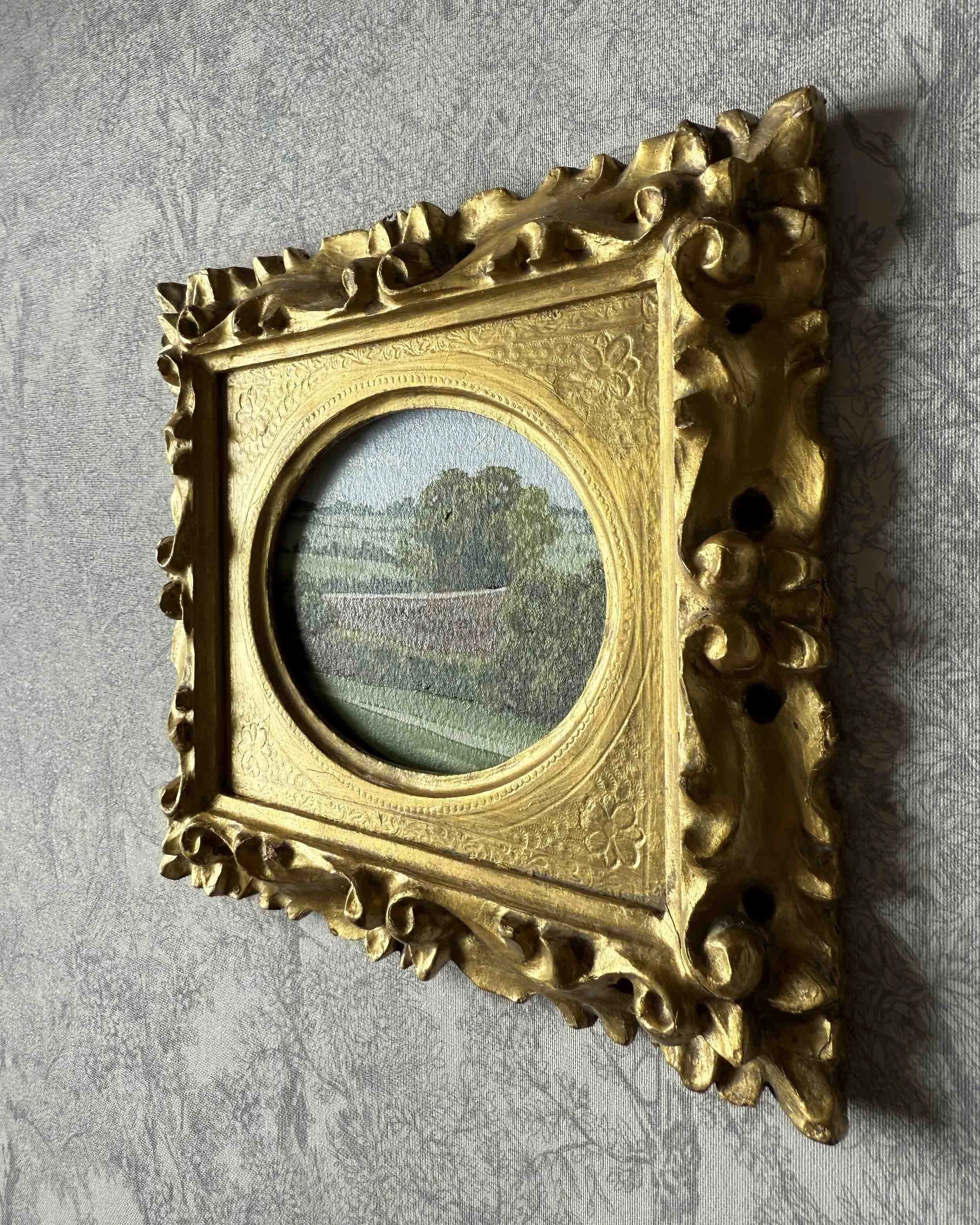 "Farmland Green iii" original oil landscape in vintage Florentine frame