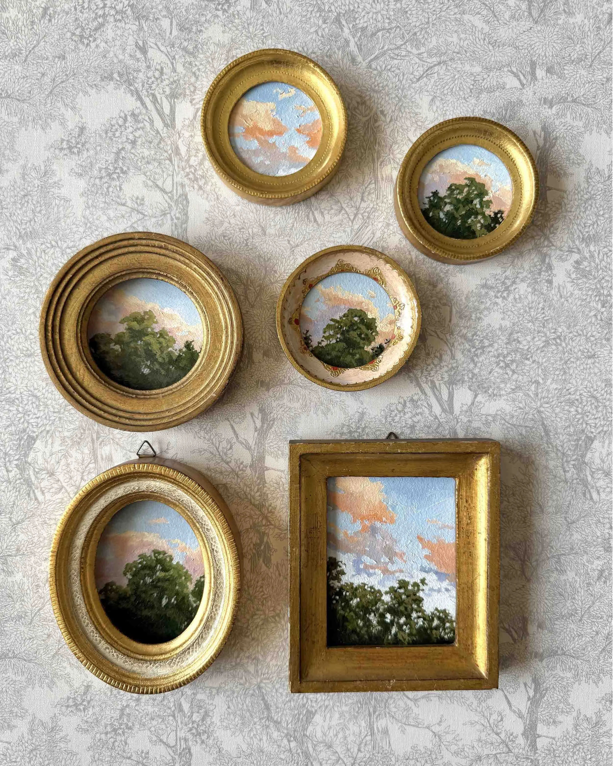 "Sunset Treetops" original oil landscape painting in vintage Florentine frame