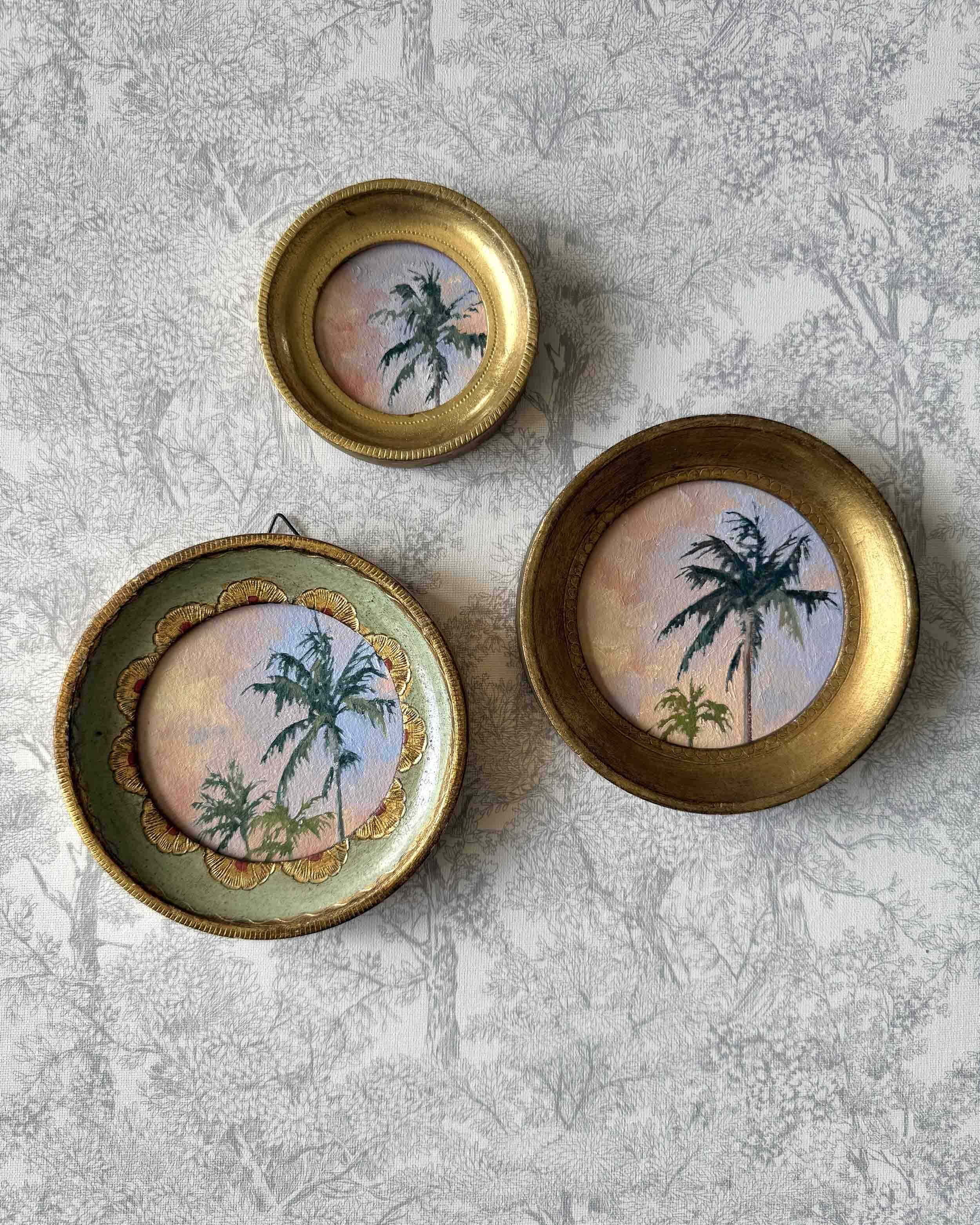 "Sunset Palm Duo ii" original oil landscape painting in vintage Florentine frame