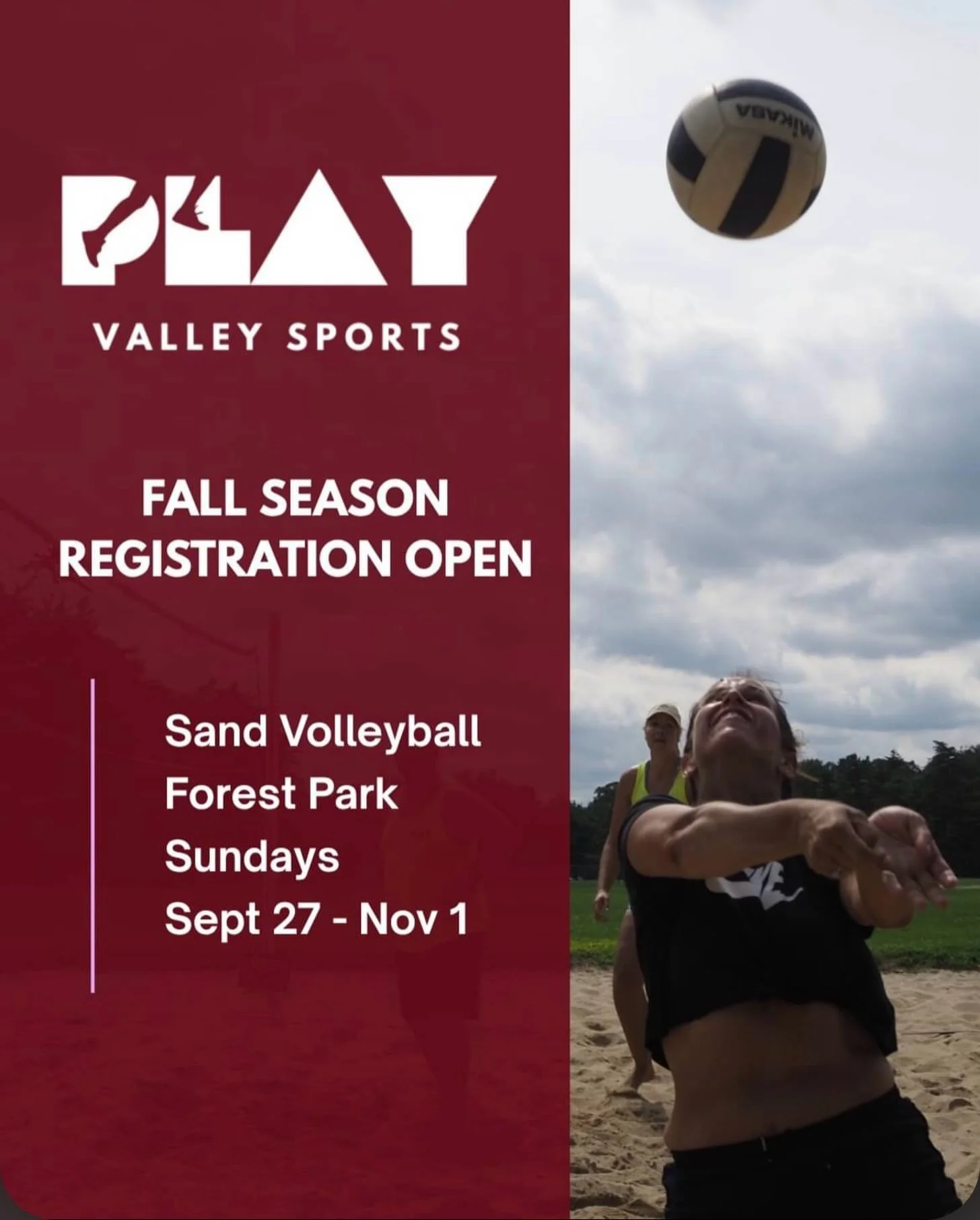 Only a few days left to sign up for Fall Sand Volleyball at Forest Park. Games start this Sunday so sign up today!! https://www.playvalleysports.com/fl26-co-ed-vb-1-1