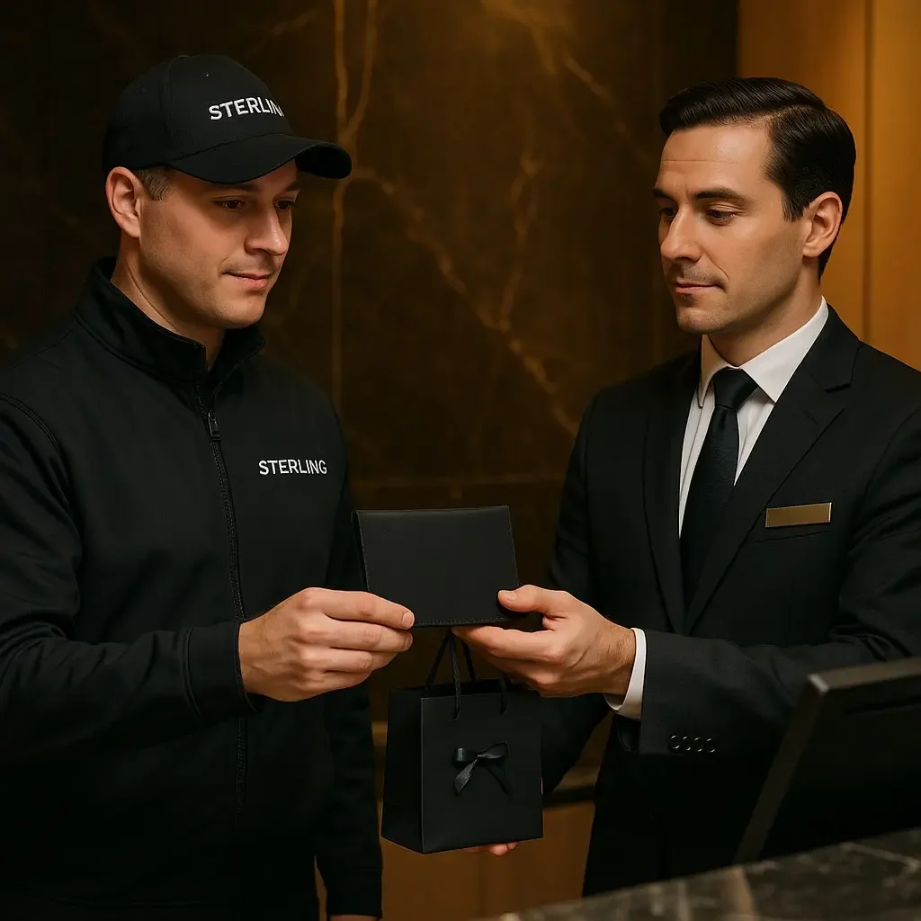 Sterling courier completing a controlled handoff with a hotel concierge.
