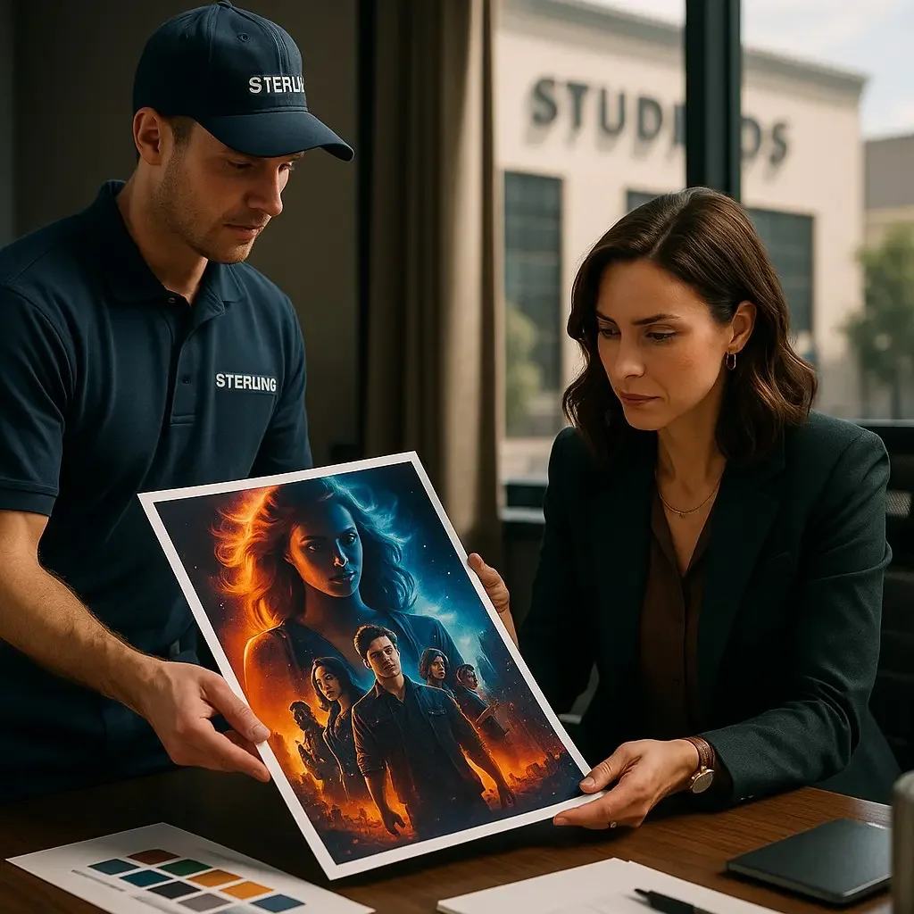 A Sterling courier hands a print proof to a production manager in an office.