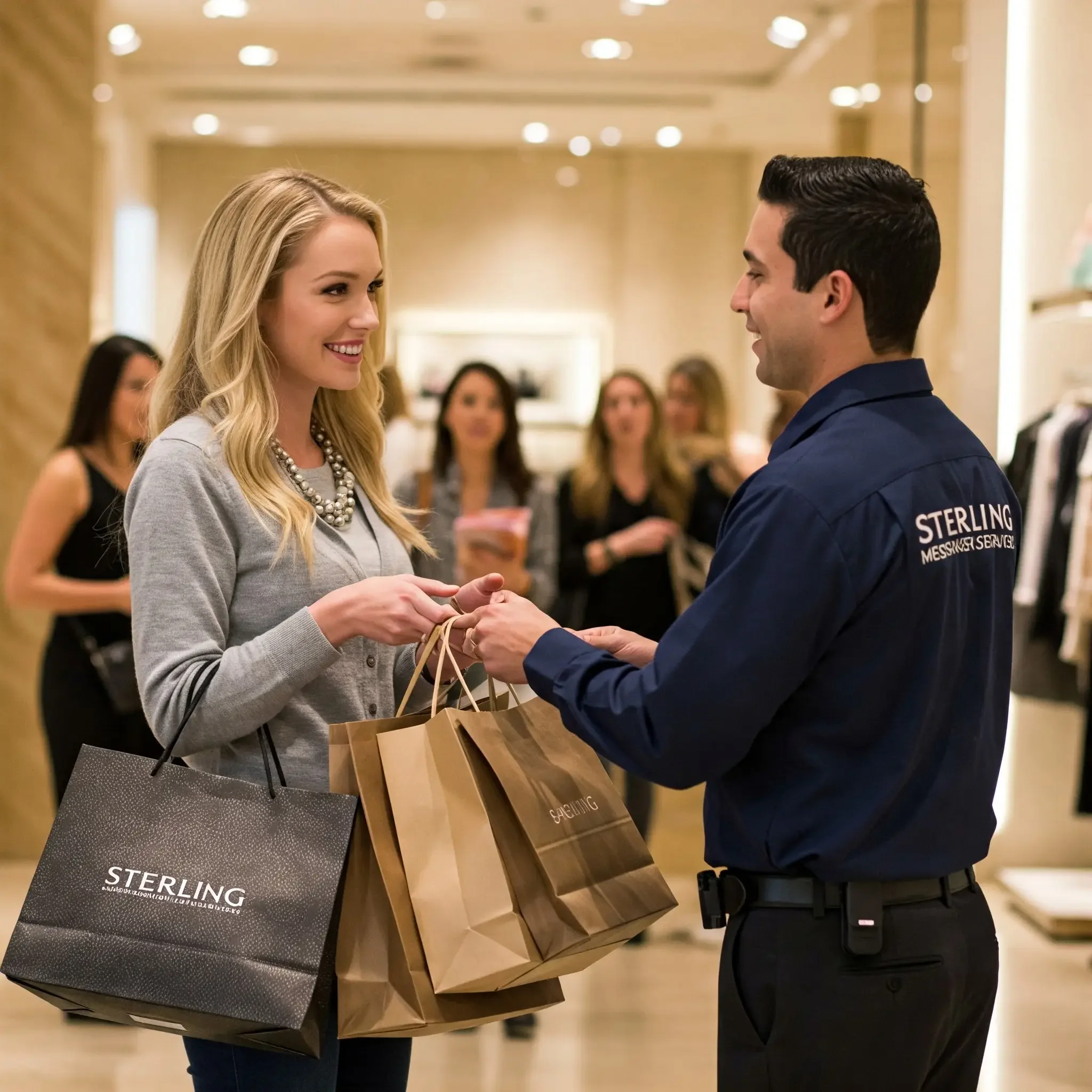 A courier handling packaged luxury retail items inside a retail environment.