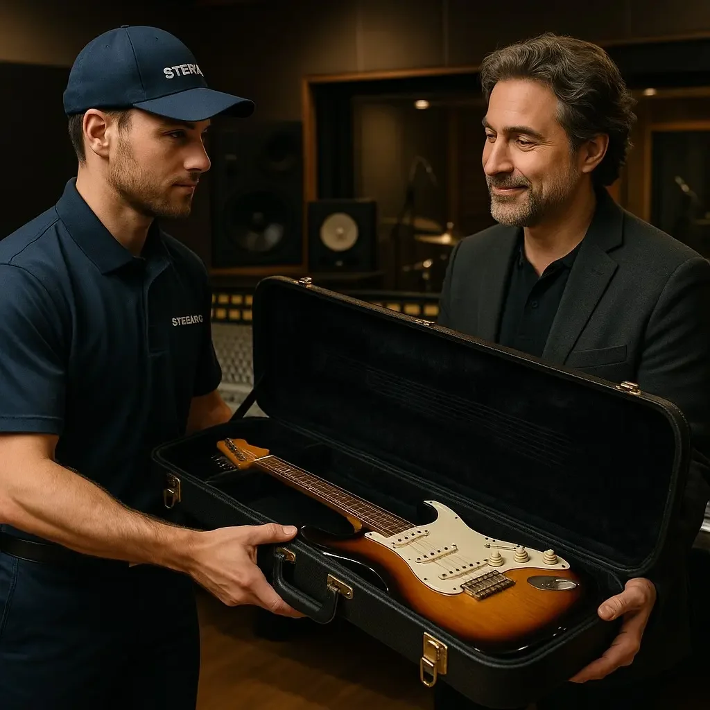 A Sterling courier hands a guitar case to a studio executive inside a recording studio.