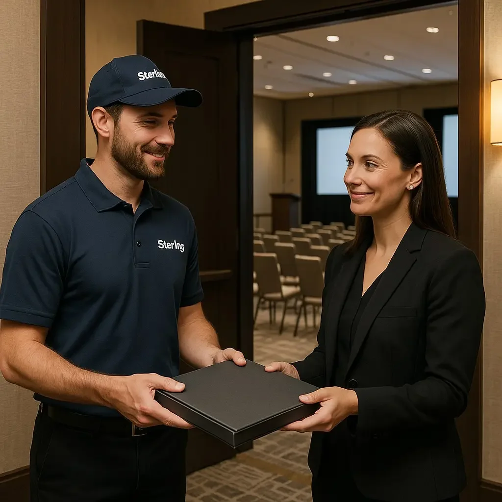 A Sterling courier hands event materials to an event coordinator outside a meeting room.