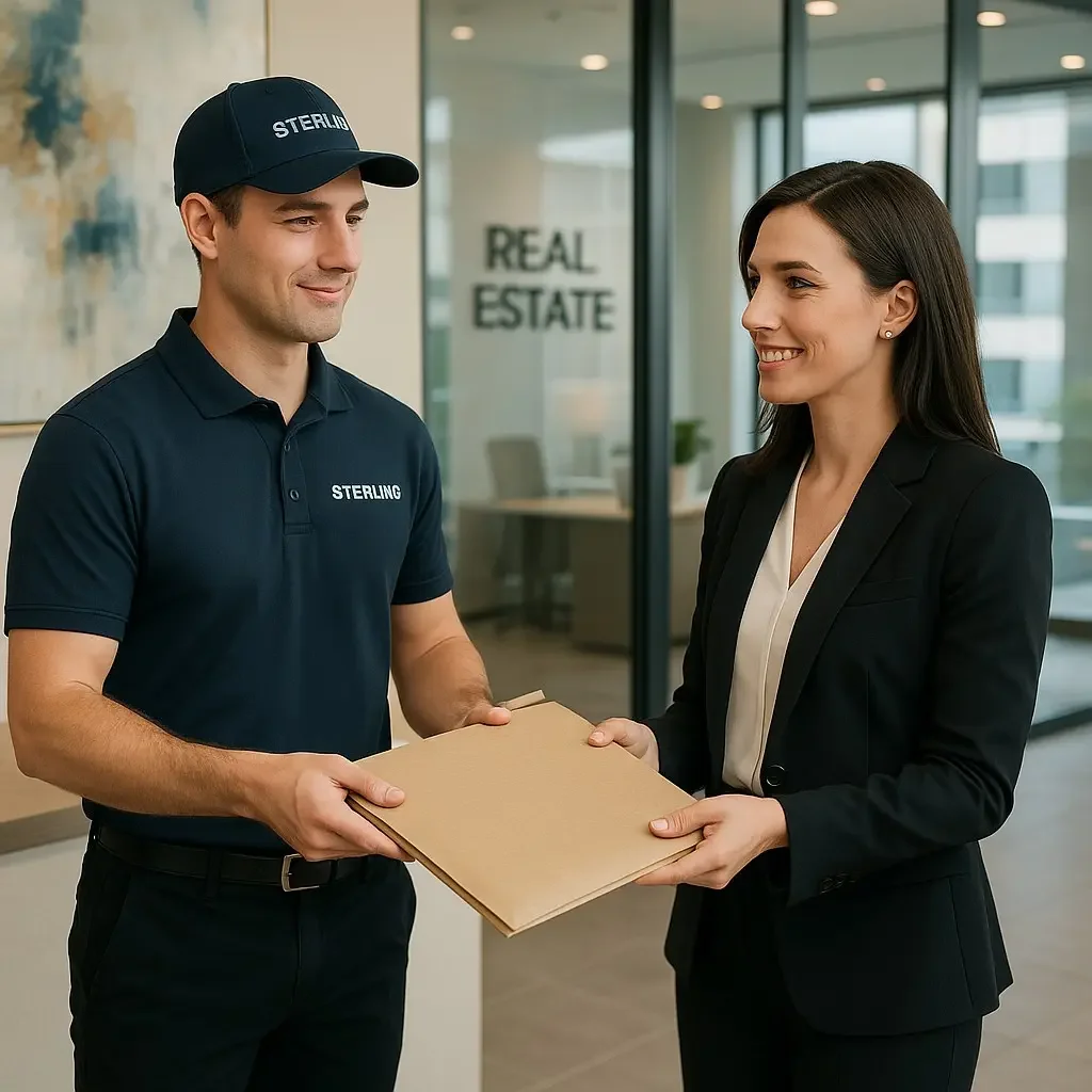 A courier handing a document package to a client inside a real estate office.