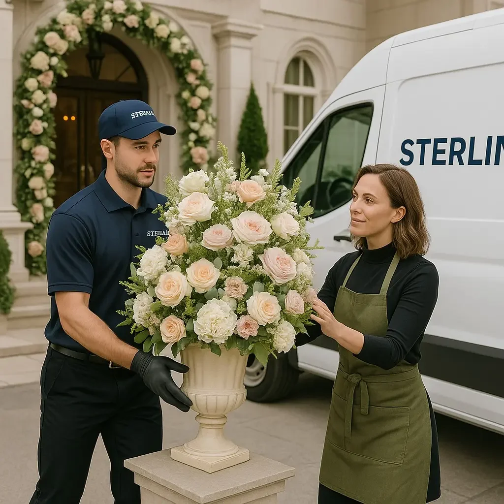 Sterling courier completing a handoff of a floral arrangement to a floral professional.