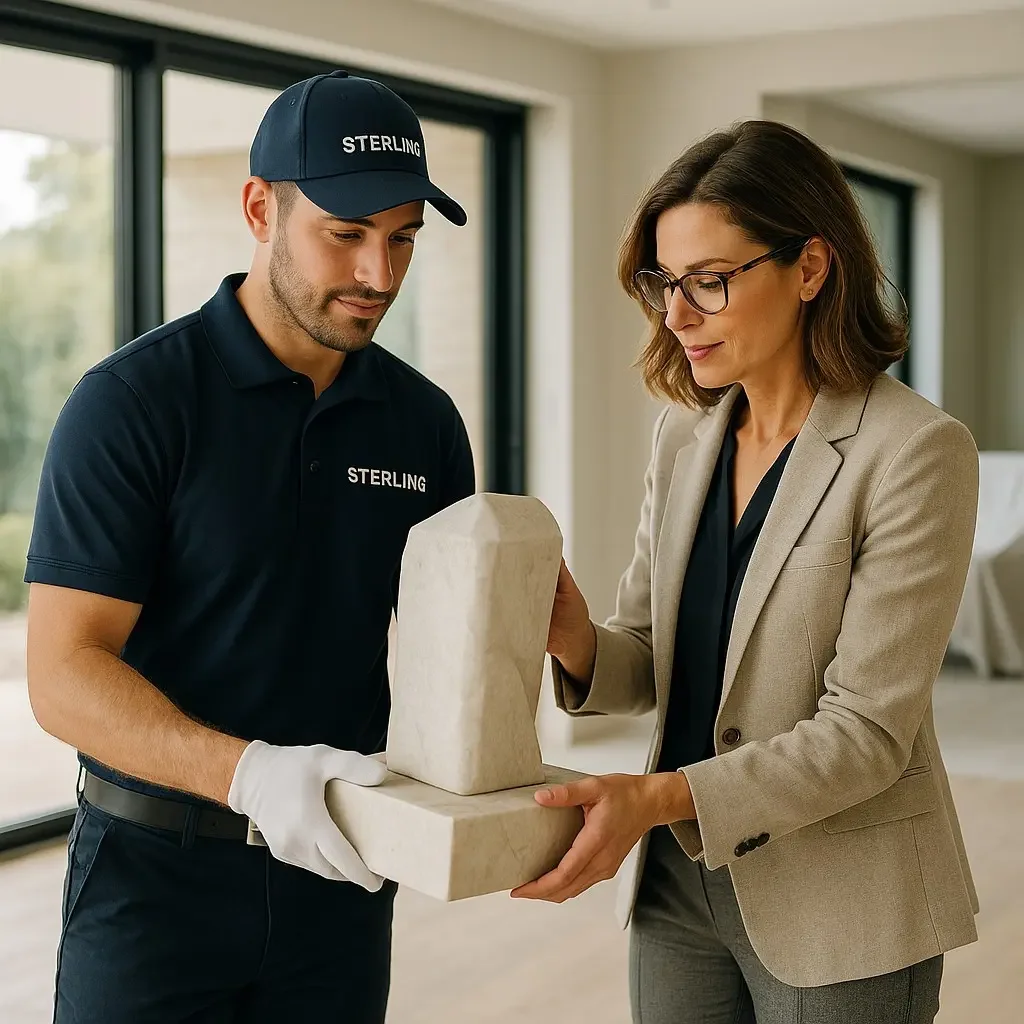 Sterling courier handing a sculptural architectural material to a design professional in a studio setting