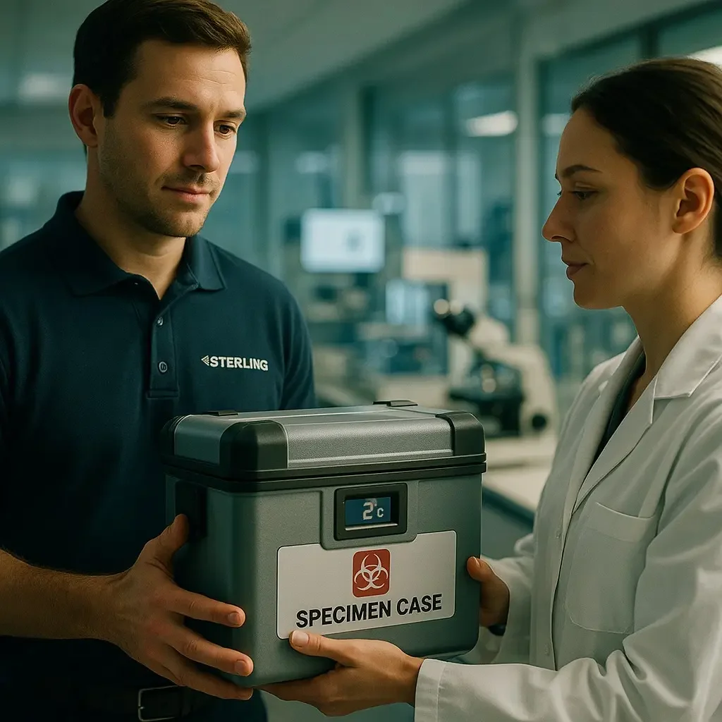 Courier handing a temperature-controlled medical container to a healthcare professional