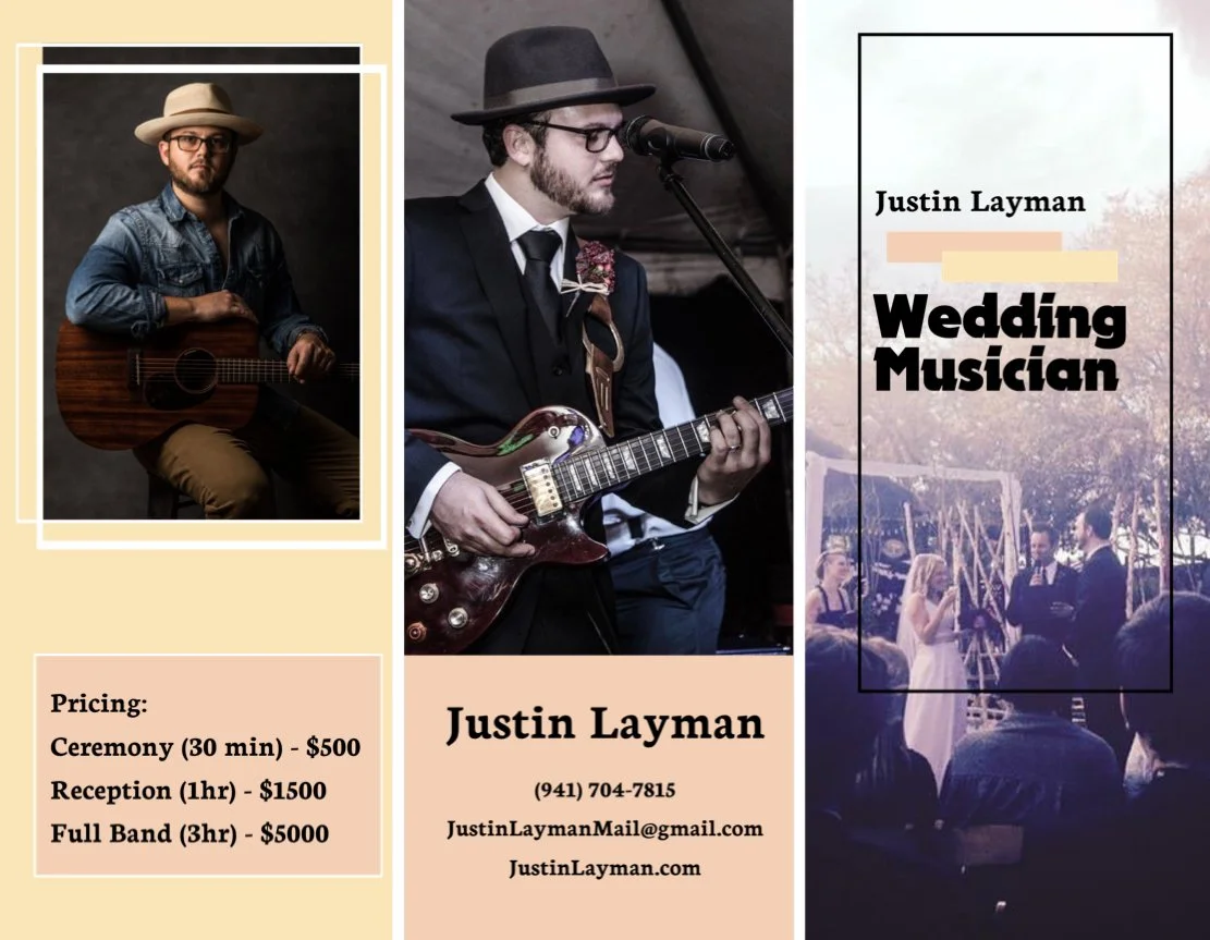 A business card for Justin Layman, a wedding musician. The card features three photos: a man with glasses and a hat playing an acoustic guitar, another man with glasses and a hat playing an electric guitar, and an outdoor wedding ceremony. The card includes pricing information for different wedding services, contact details, and the website.