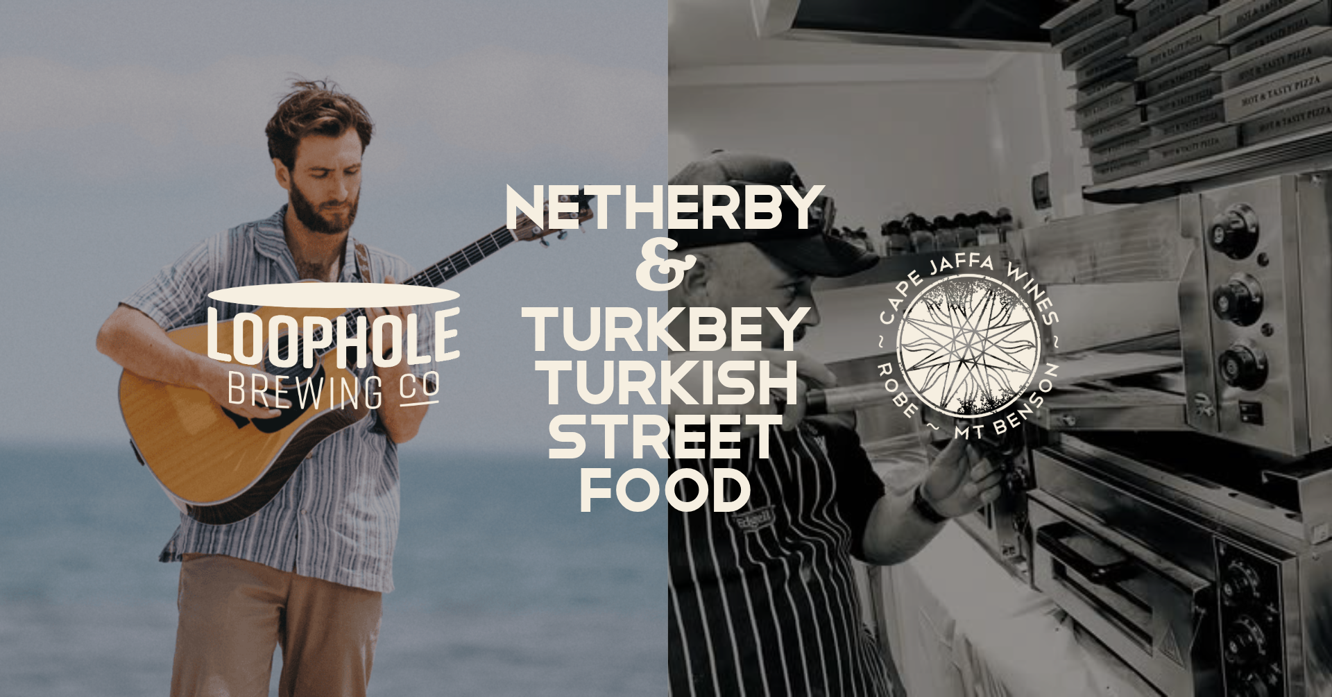Live music and Turkish Street Food at Loophole Brewing Co Brewery Taproom and Cape Jaffa Wines Cellar Door on the Limestone Coast, featuring Netherby and Dough & Dough Italian pizza, coastal views, summer event located nearby Robe in South Australia.