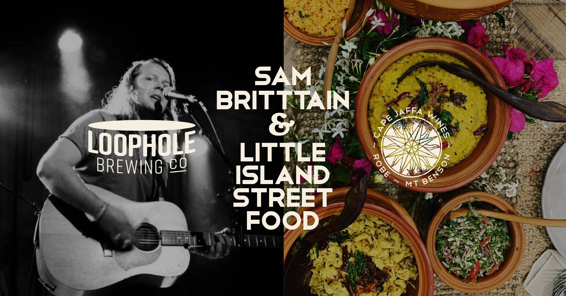Live music and street food night at Loophole Brewing Co Brewery Taproom and Cape Jaffa Wines Cellar Door on the Limestone Coast, featuring Sam Brittain with Little Island Street Food, summer event located nearby Robe in South Australia.