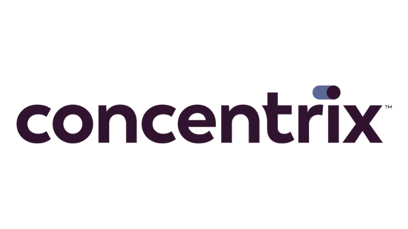 Concentrix logo in black and purple text with a small purple and blue dot above the letter 'x'