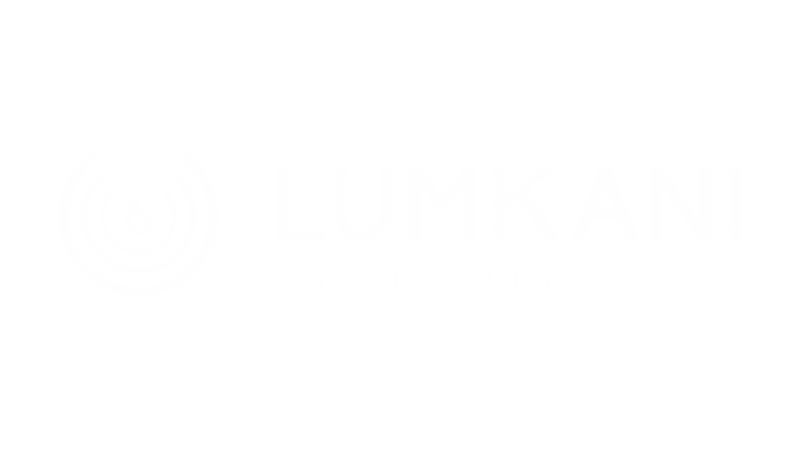 Lumkani logo with a stylized fire and sound waves, and the slogan "Safer Together" underneath.