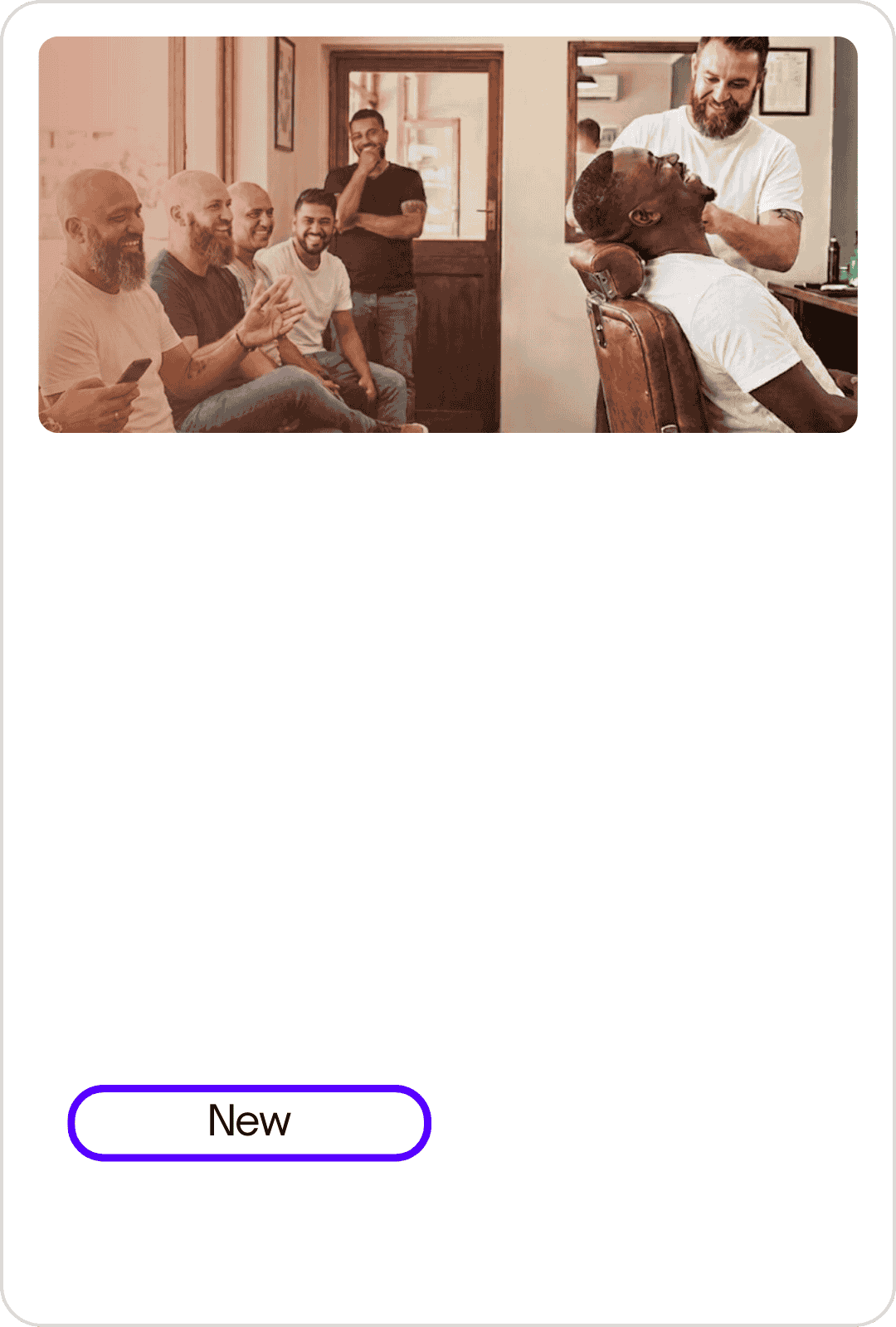 A barbershop scene with a man getting a haircut, a group of men sitting and laughing in a row, and a man standing in the doorway, all smiling.