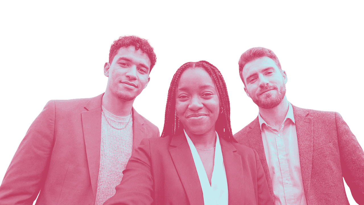 Three people standing together, posing for a photo, with a transparent background.