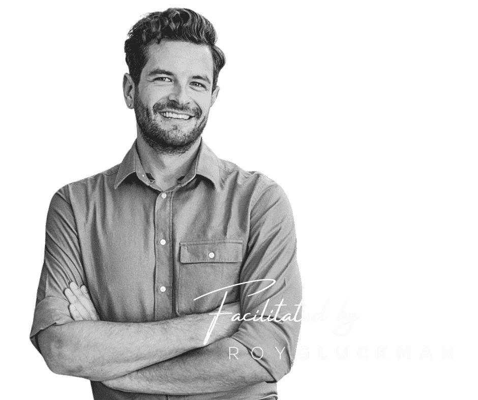 Black and white portrait of a smiling man with crossed arms, wearing a button-up shirt. Text on image reads "Facilitated by Roy Gluckman."